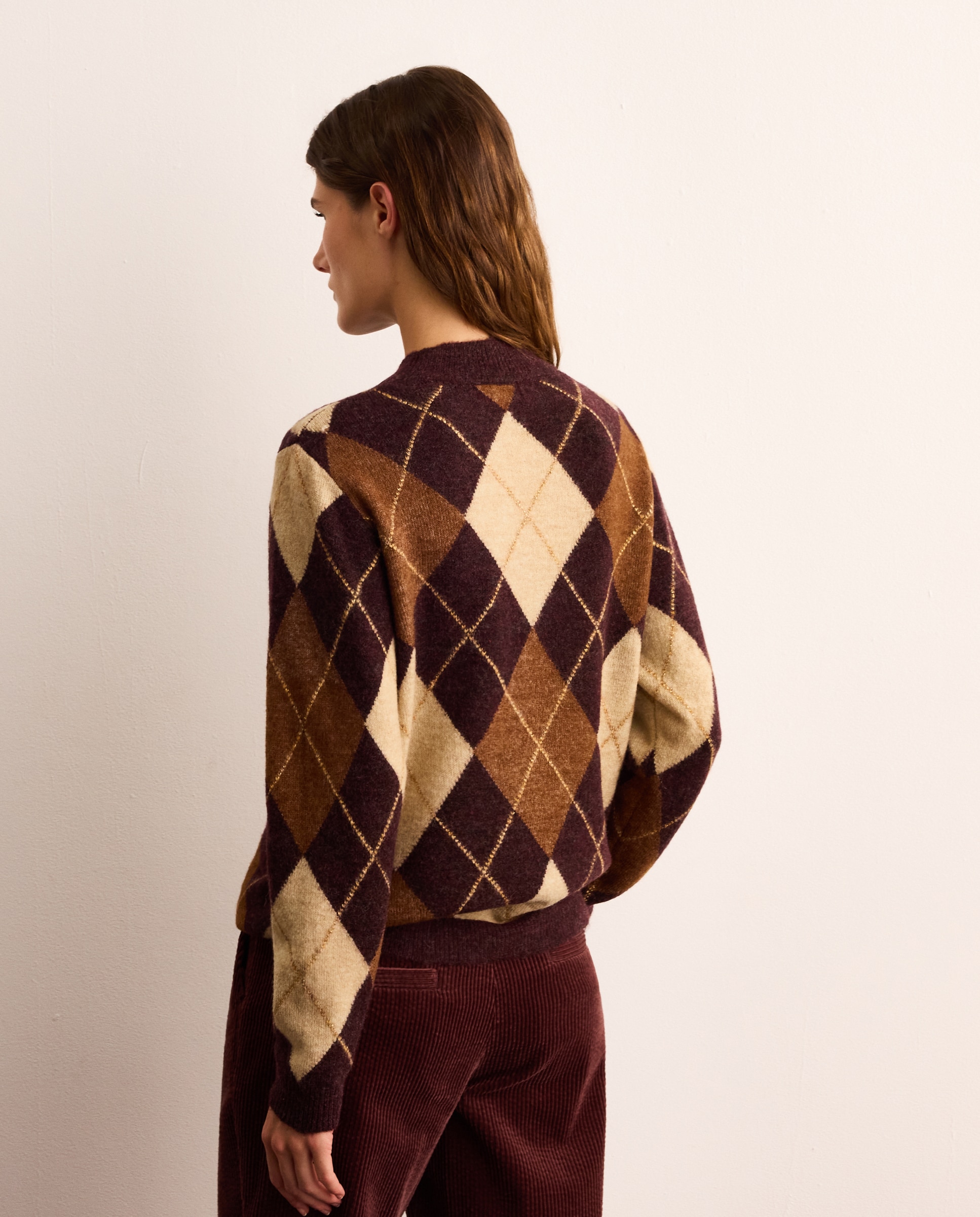 Jersey de mujer con cuello caja y con intarsia de rombos - Lloyd's - Marrón Marrón-3