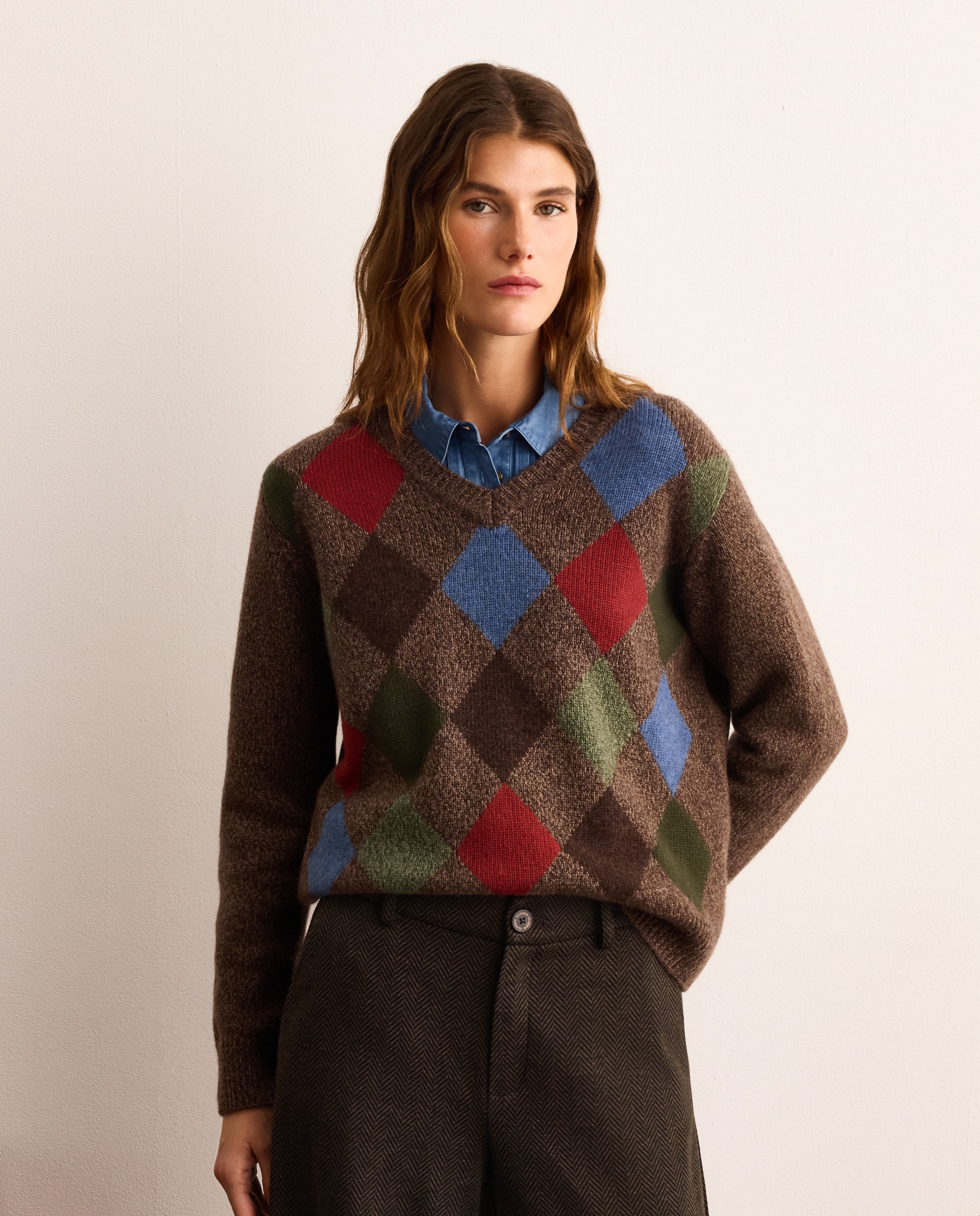 Jersey de mujer cuello pico rombos - Lloyd's - Visón oscuro Visón oscuro-1