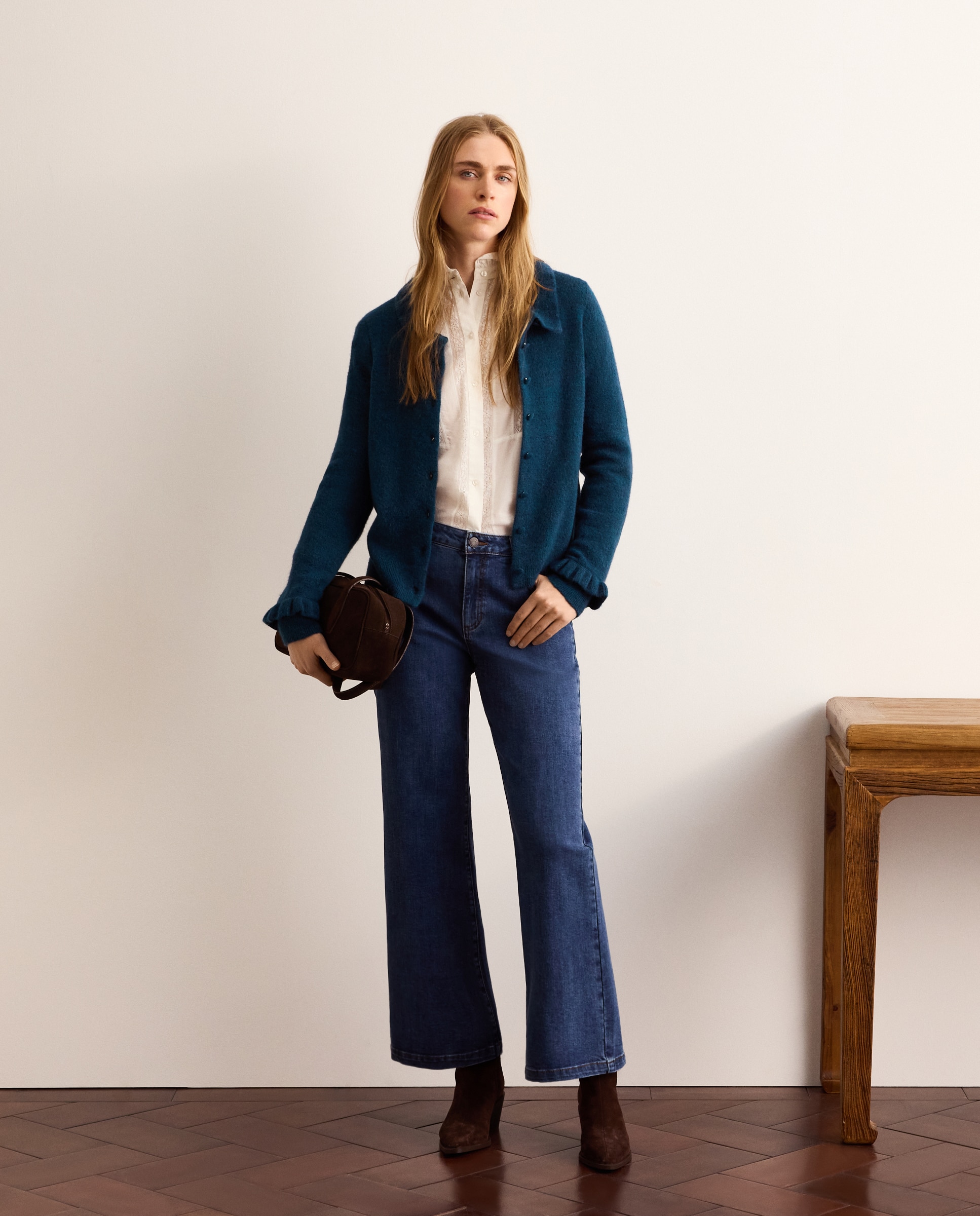 Cardigan de Decote Redondo e Detalhe de Folhos Azul-escuro-2