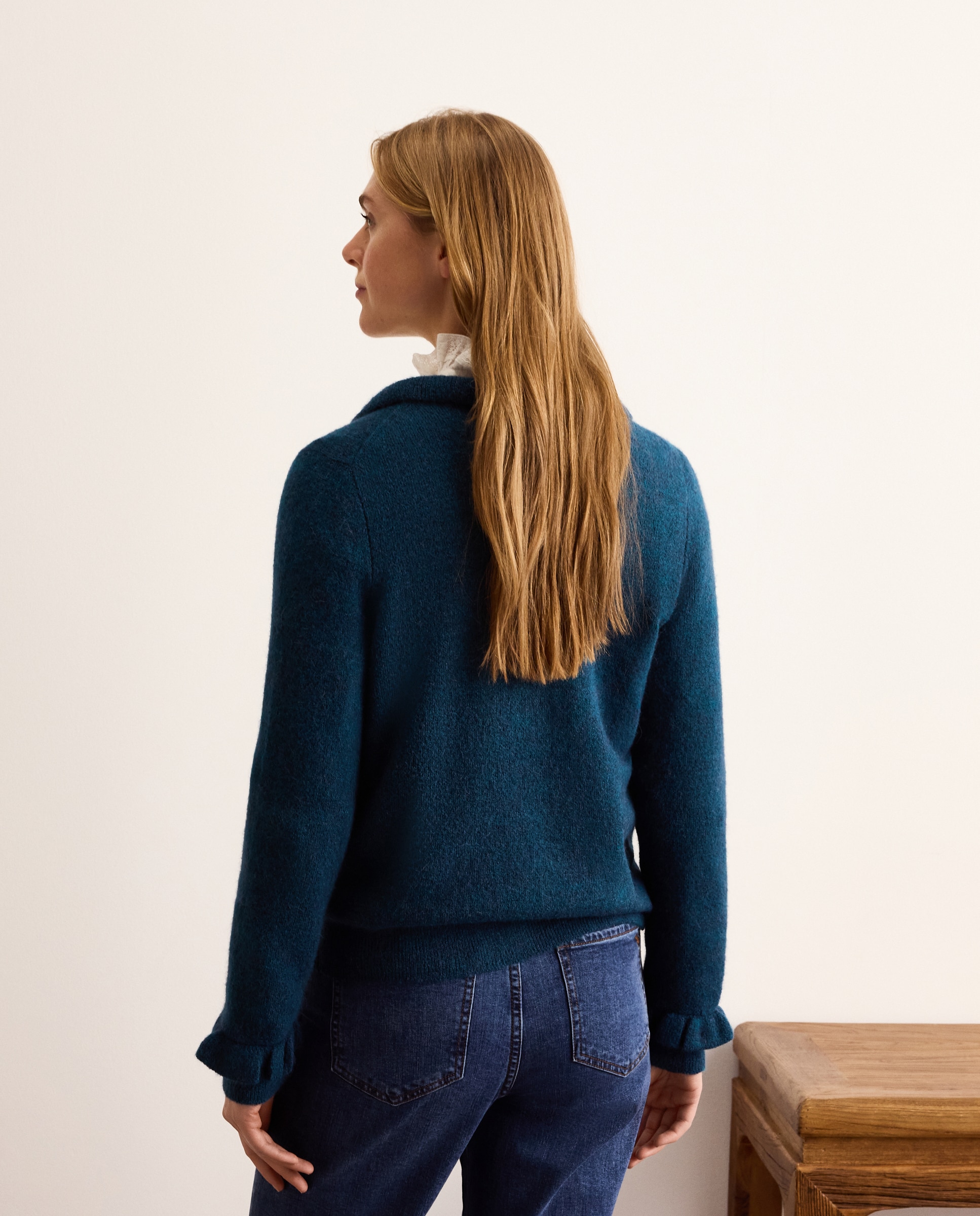 Cardigan de Decote Redondo e Detalhe de Folhos Azul-escuro-3
