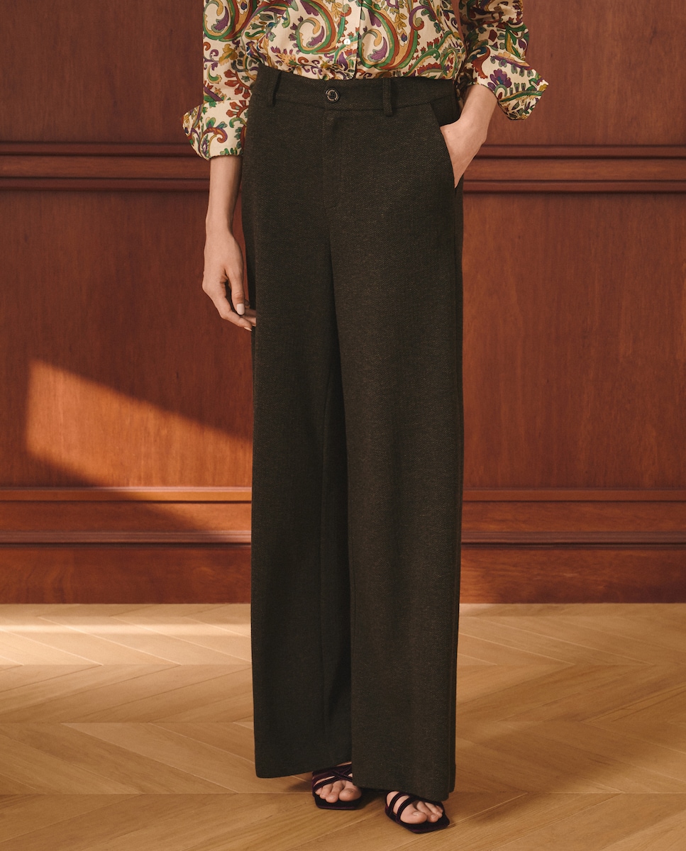 Calças de Malha Fluida com Padrão Espinha de Peixe 520 Caqui-2