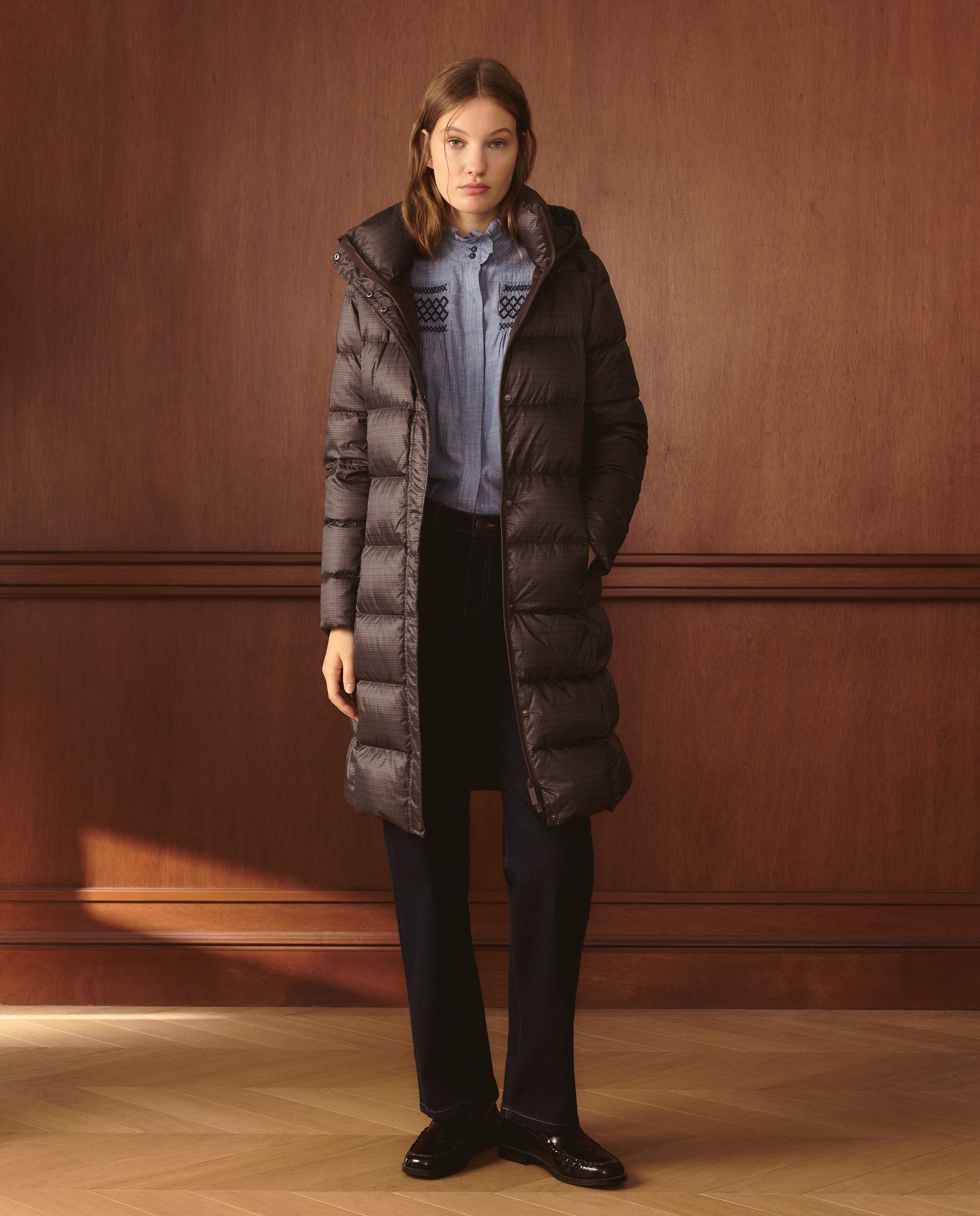 Blusão Acolchoado Comprido e Estampado Castanho-1