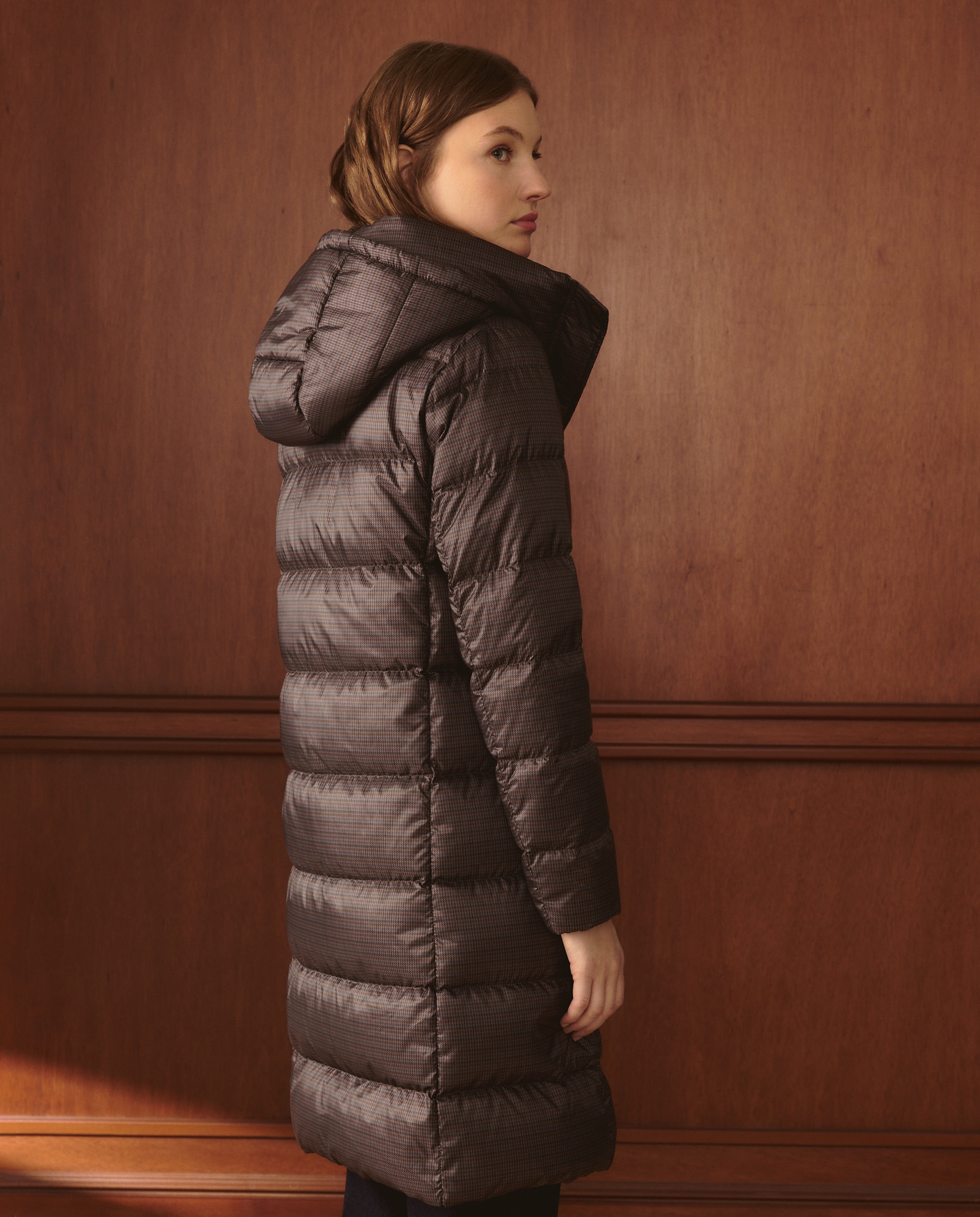 Blusão Acolchoado Comprido e Estampado Castanho-4