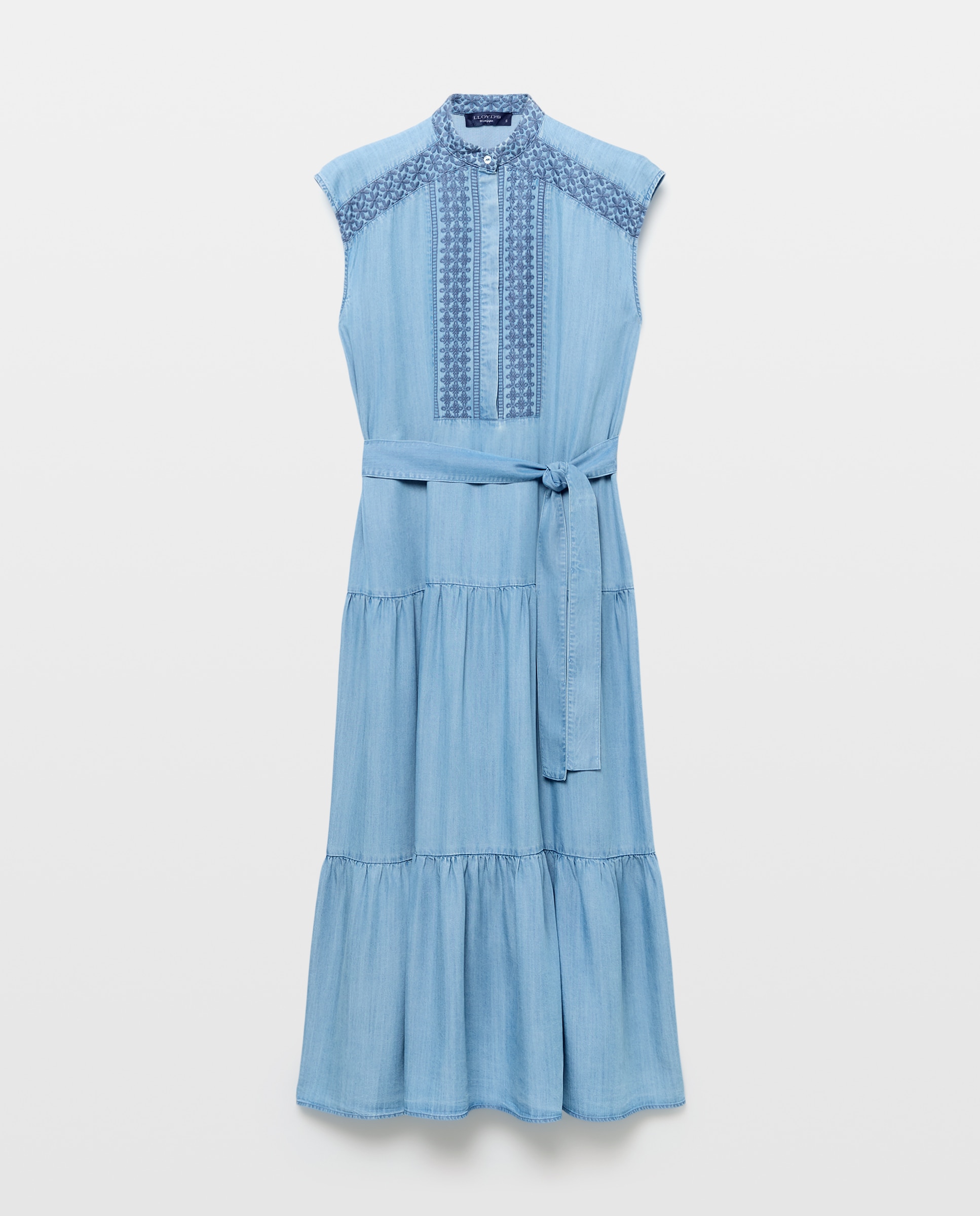 Vestido de Ganga sem Mangas e com Gola à Padre e Bordado Cinzento-1