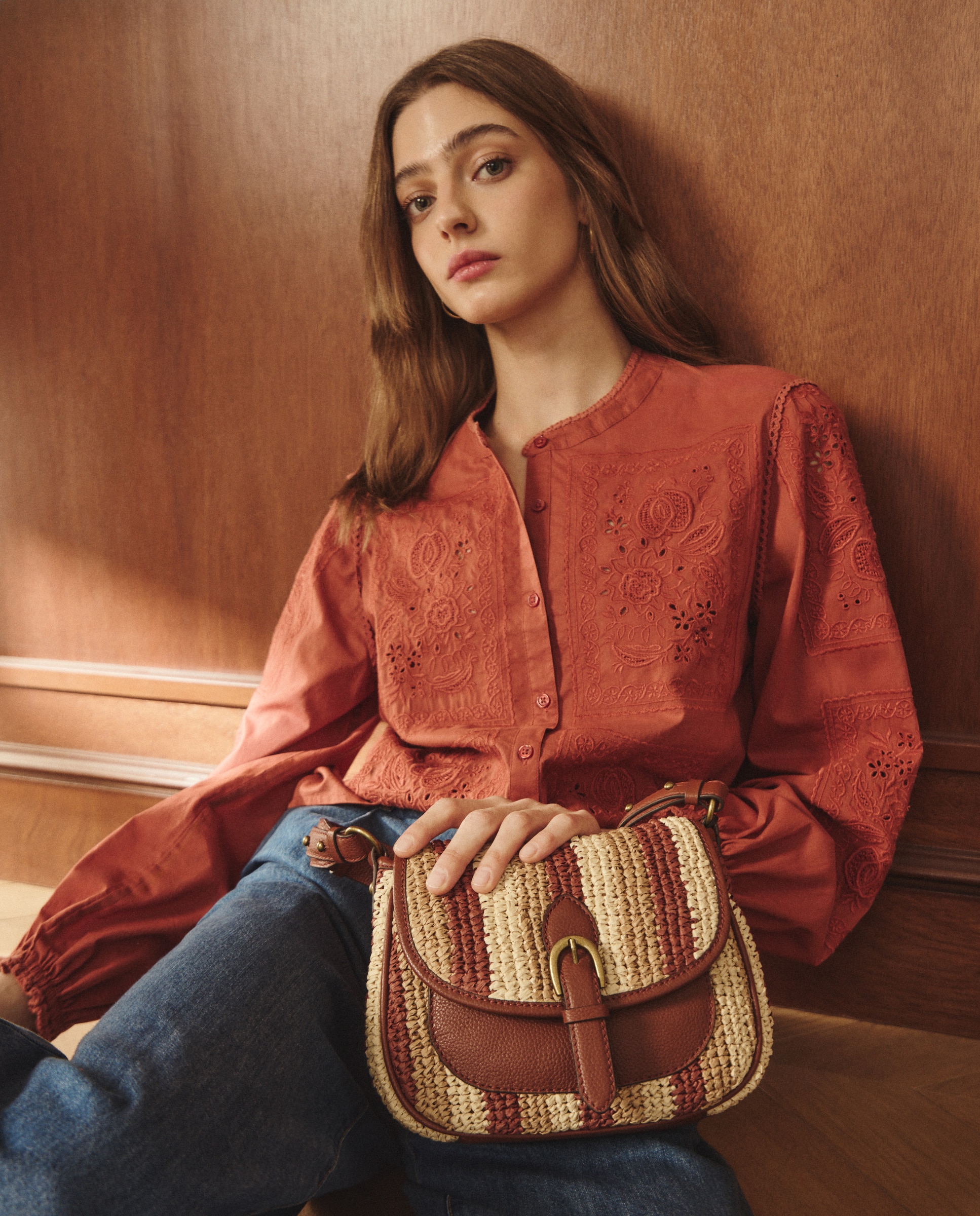 Mala Crossbody Stripe Papper de Ráfia Castanho-6