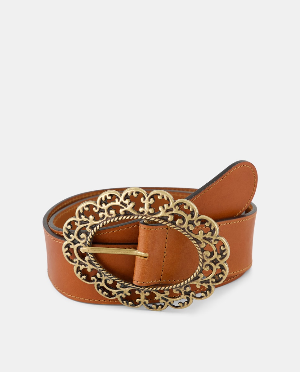 Cinto Largo em Pele com Fivela Barroca Castanho-1