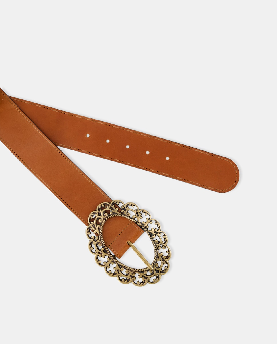 Cinto Largo em Pele com Fivela Barroca Castanho-2