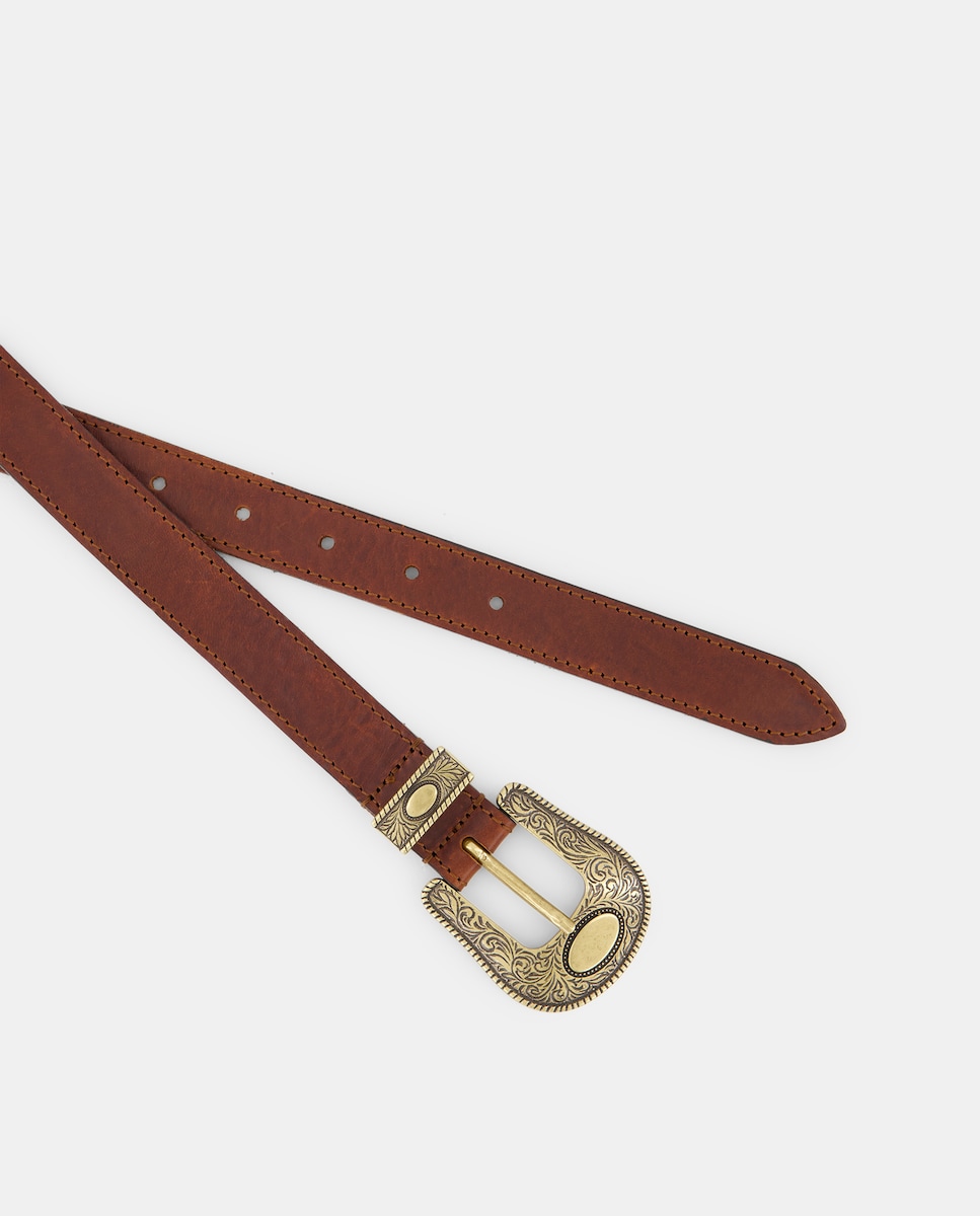Cinto em Pele com Fivela de Cowboy Castanho-2
