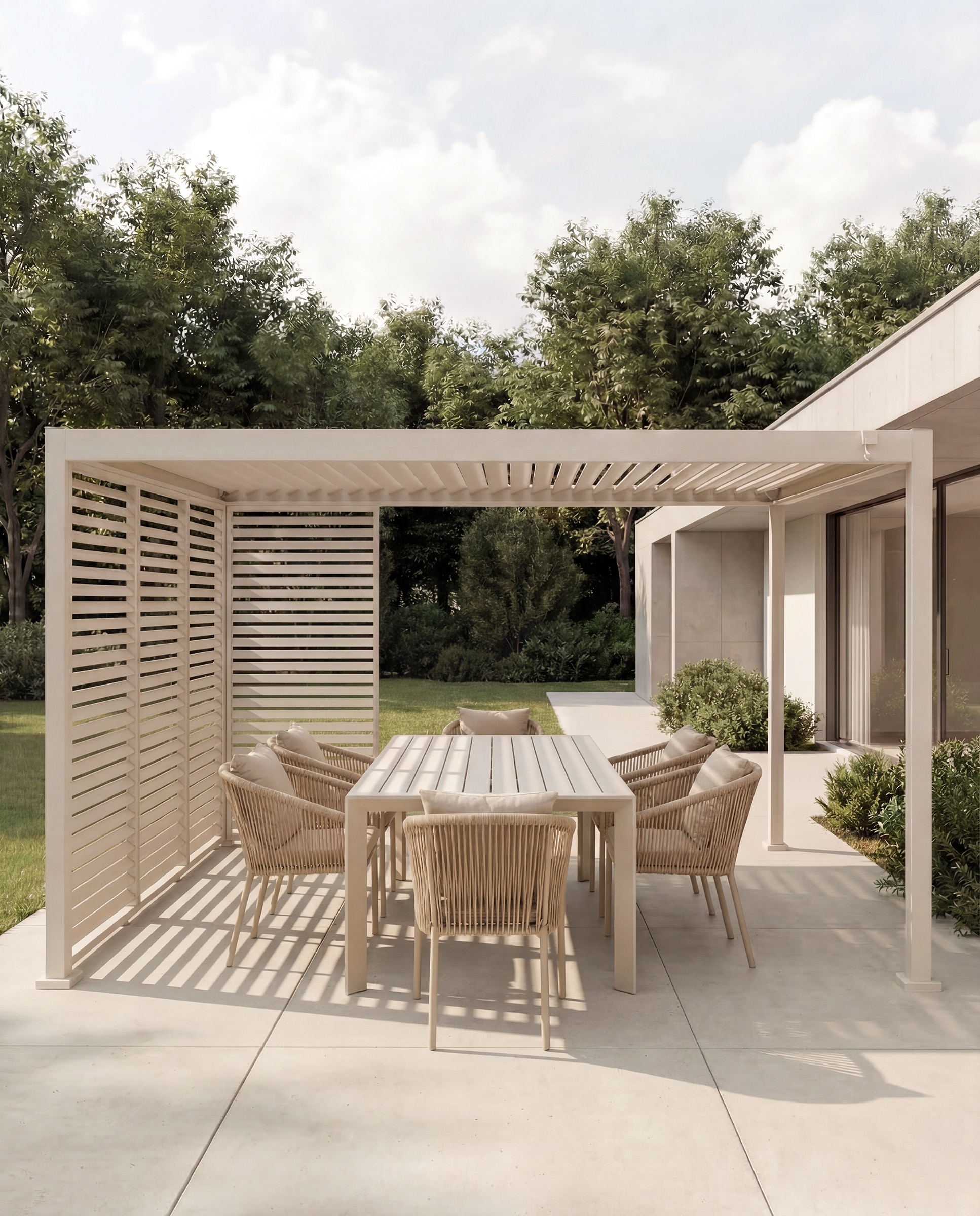 Pérgola con techo de lamas imitación madera Sonora Creme-10