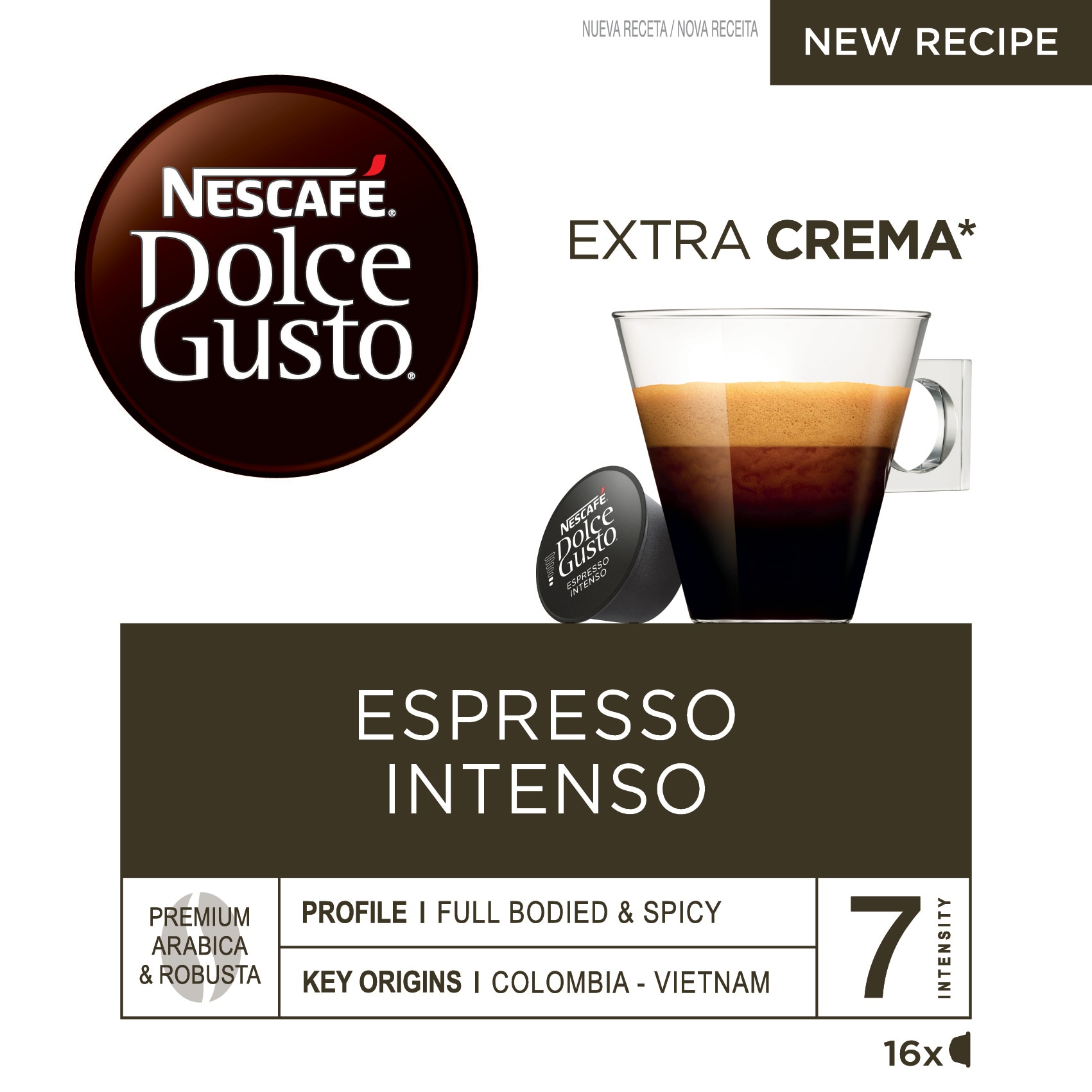 Estuche 16 cápsulas NESCAFE DOLCE GUSTO café Espresso Intenso Premium arábica y robusta de Colombia y Vietnam intensidad 7 2