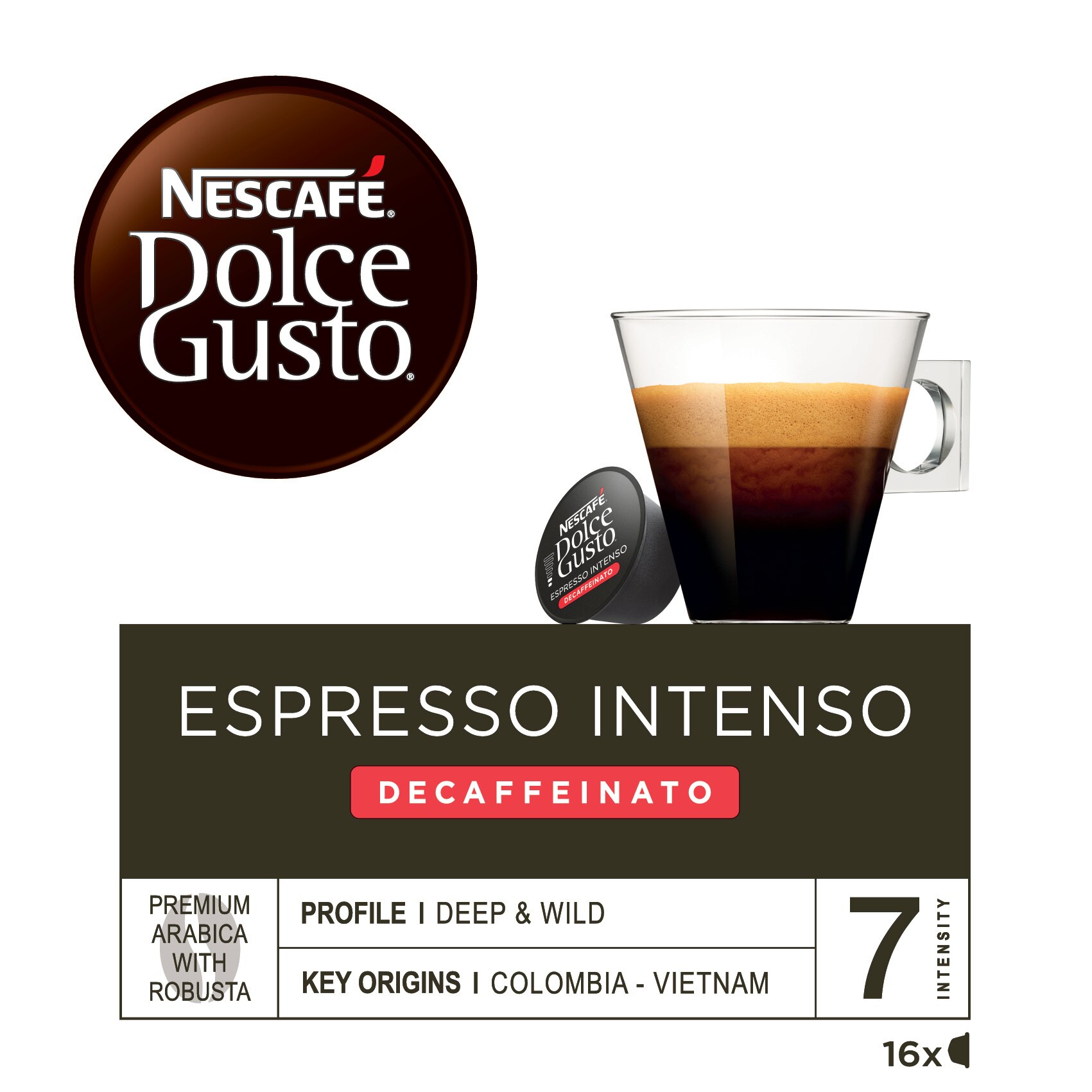 Estuche 16 cápsulas intensidad 7 NESCAFE DOLCE GUSTO café espresso descafeinado intenso selección arábica y robusta de Colombia y Vietnam 2