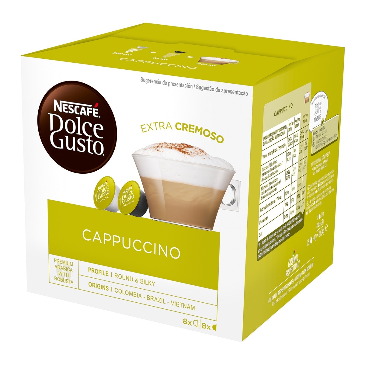 Imagen 0 de Estuche 8 cápsulas de café + 8 cápsulas de leche NESCAFE DOLCE GUSTO café Cappuccino Premium arábica y robusta de Colombia, Brasil y Vietnam intensida