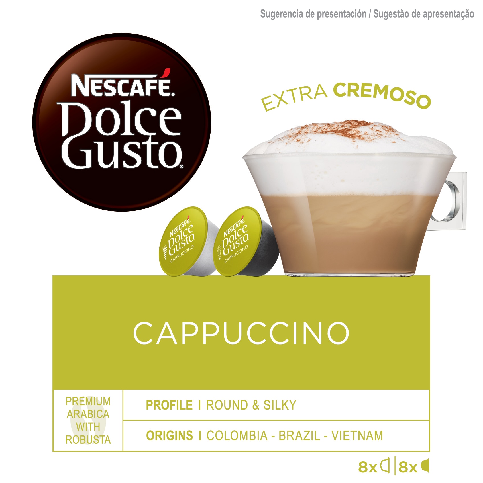 Estuche 8 cápsulas de café + 8 cápsulas de leche NESCAFE DOLCE GUSTO café Cappuccino Premium arábica y robusta de Colombia, Brasil y Vietnam intensida 2