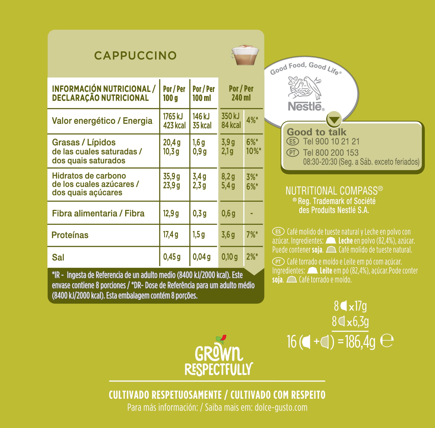 Estuche 8 cápsulas de café + 8 cápsulas de leche NESCAFE DOLCE GUSTO café Cappuccino Premium arábica y robusta de Colombia, Brasil y Vietnam intensida 4