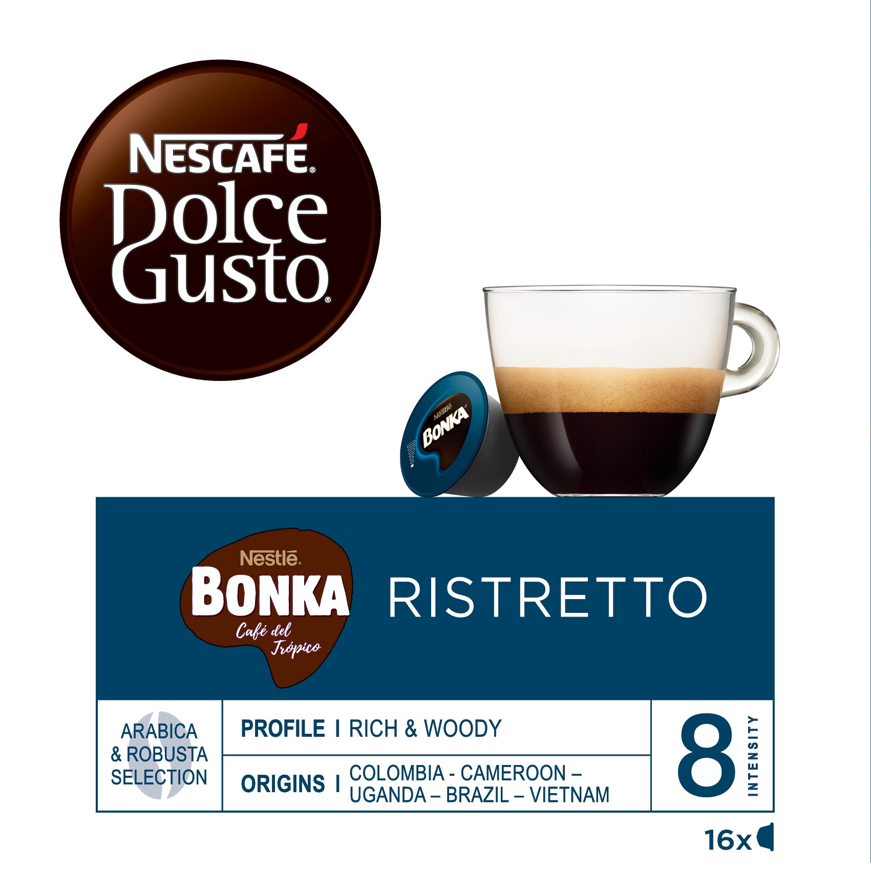 Estuche 16 cápsulas NESCAFE DOLCE GUSTO Bonka Ristretto selección arábica y robusta de Colombia, Camerún, Uganda, Brazil y Vietnam intensidad 8 2