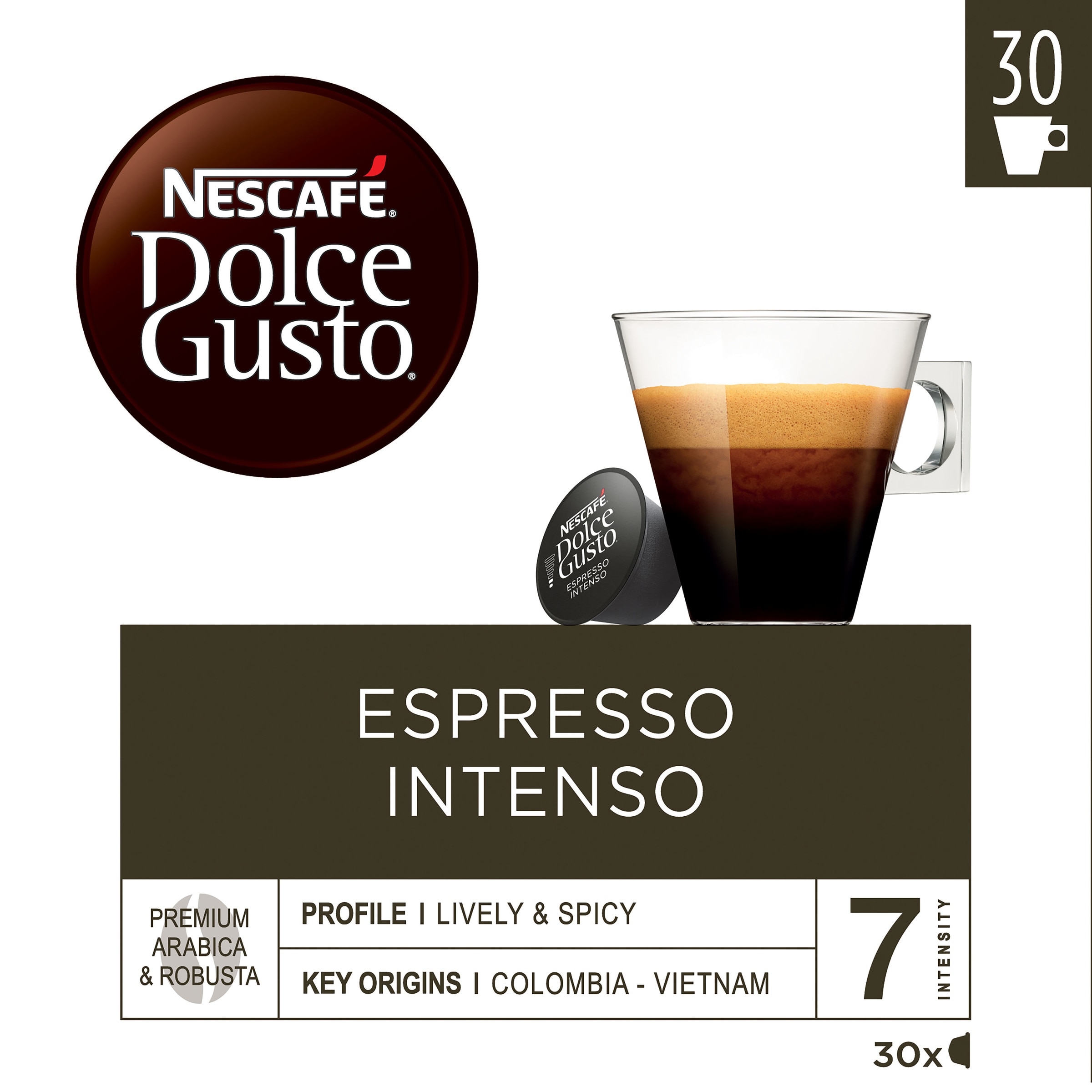 Estuche 30 cápsulas NESCAFE DOLCE GUSTO café Espresso Intenso Premium arábica y robusta de Colombia y Vietnam intensidad 7 2