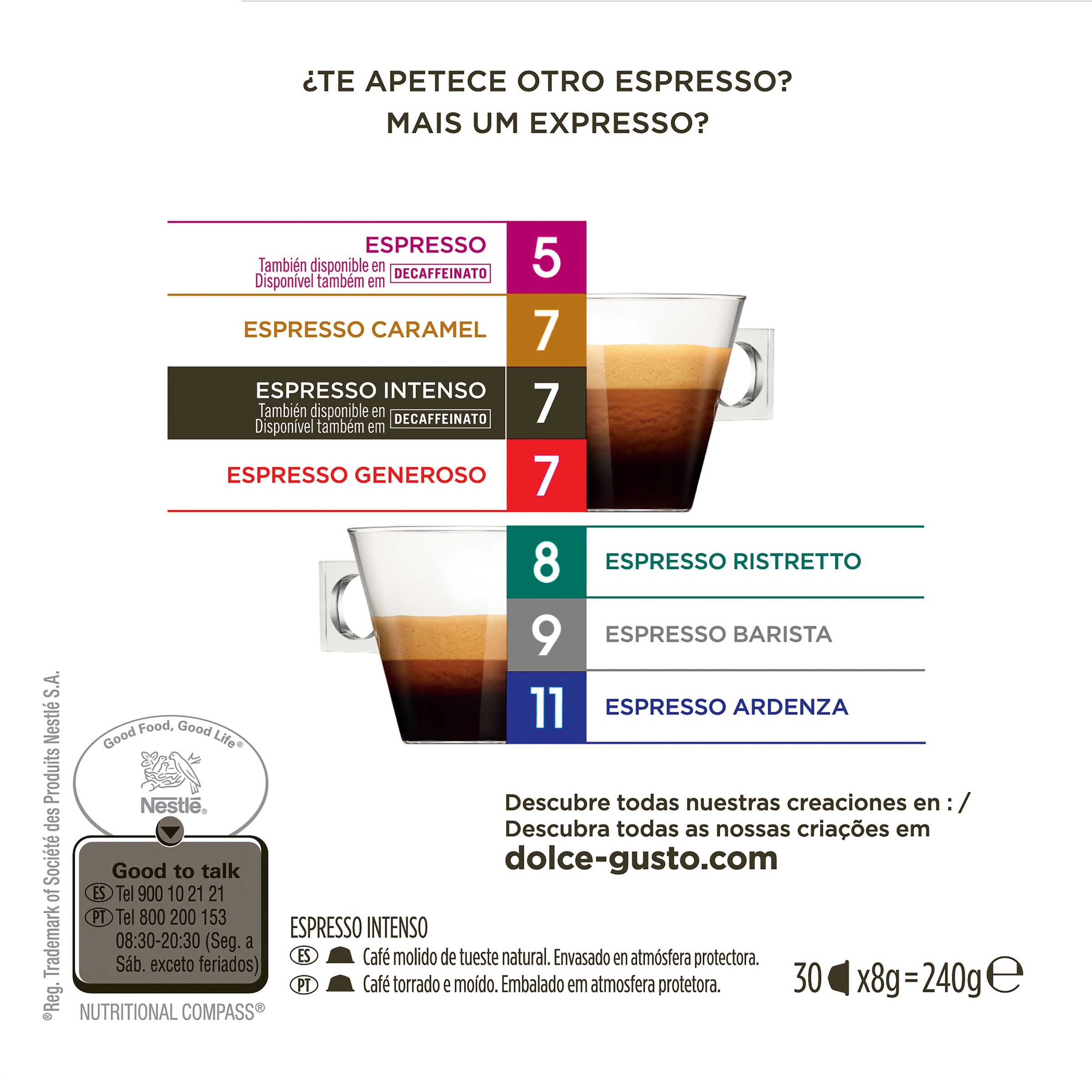 Estuche 30 cápsulas NESCAFE DOLCE GUSTO café Espresso Intenso Premium arábica y robusta de Colombia y Vietnam intensidad 7 4