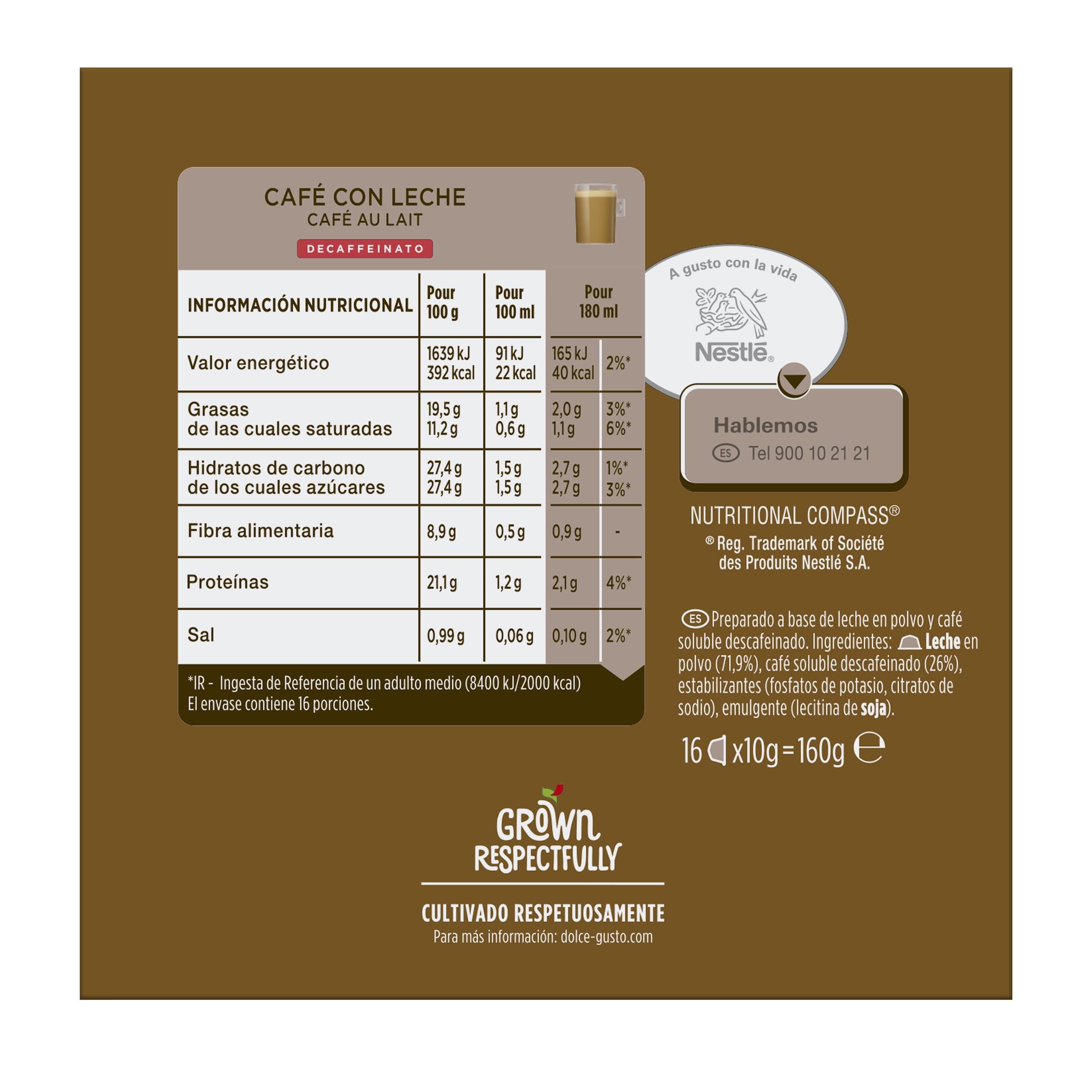 Estuche 16 cápsulas NESCAFE DOLCE GUSTO café con leche decaffeinato Selección robusta 3