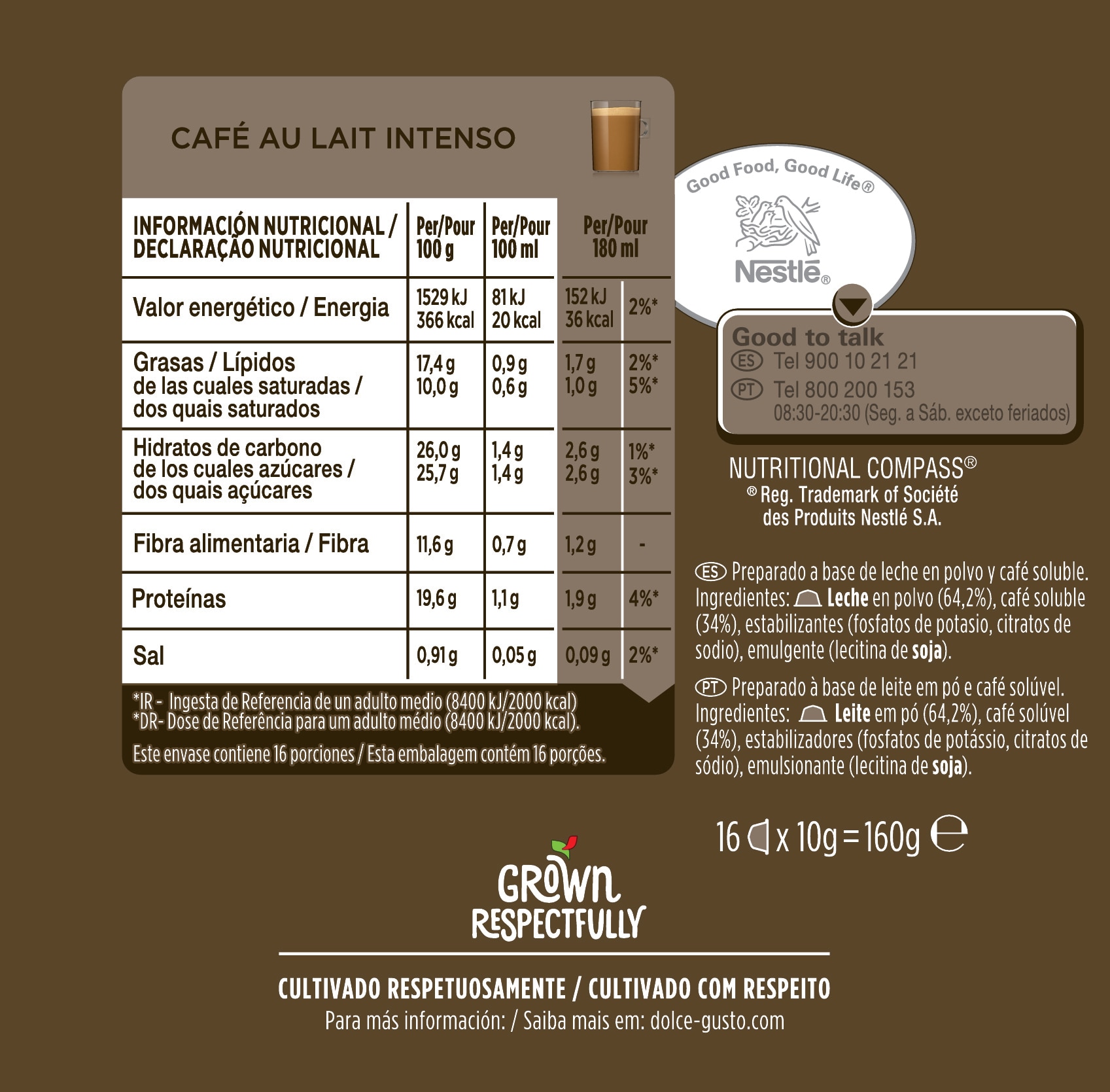 Estuche 16 cápsulas NESCAFE DOLCE GUSTO café con leche intenso selección Robusta 5