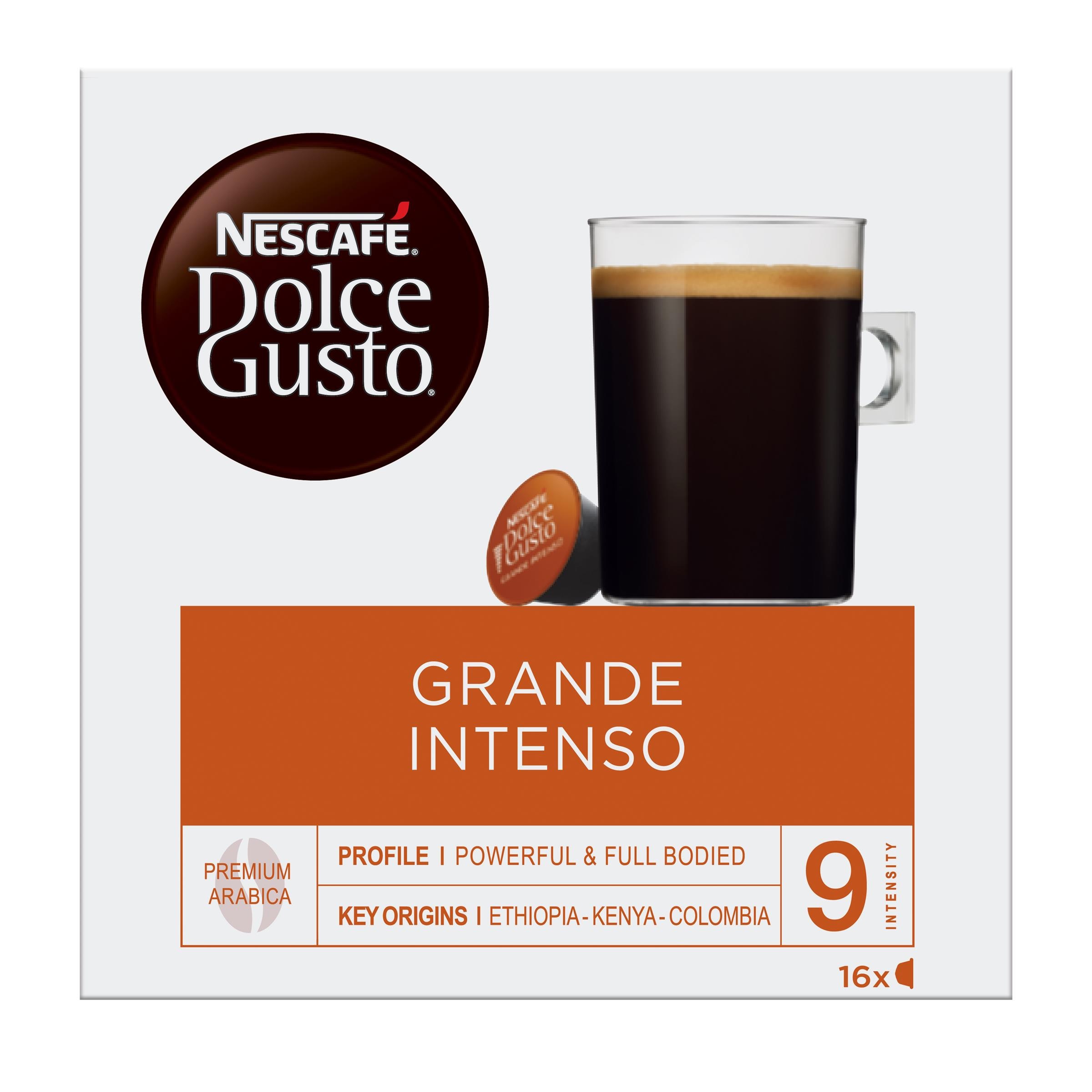 Estuche 16 cápsulas NESCAFE DOLCE GUSTO café Grande Intenso Premium arábica de Ethiopia, Kenya y Colombia intensidad 9 2