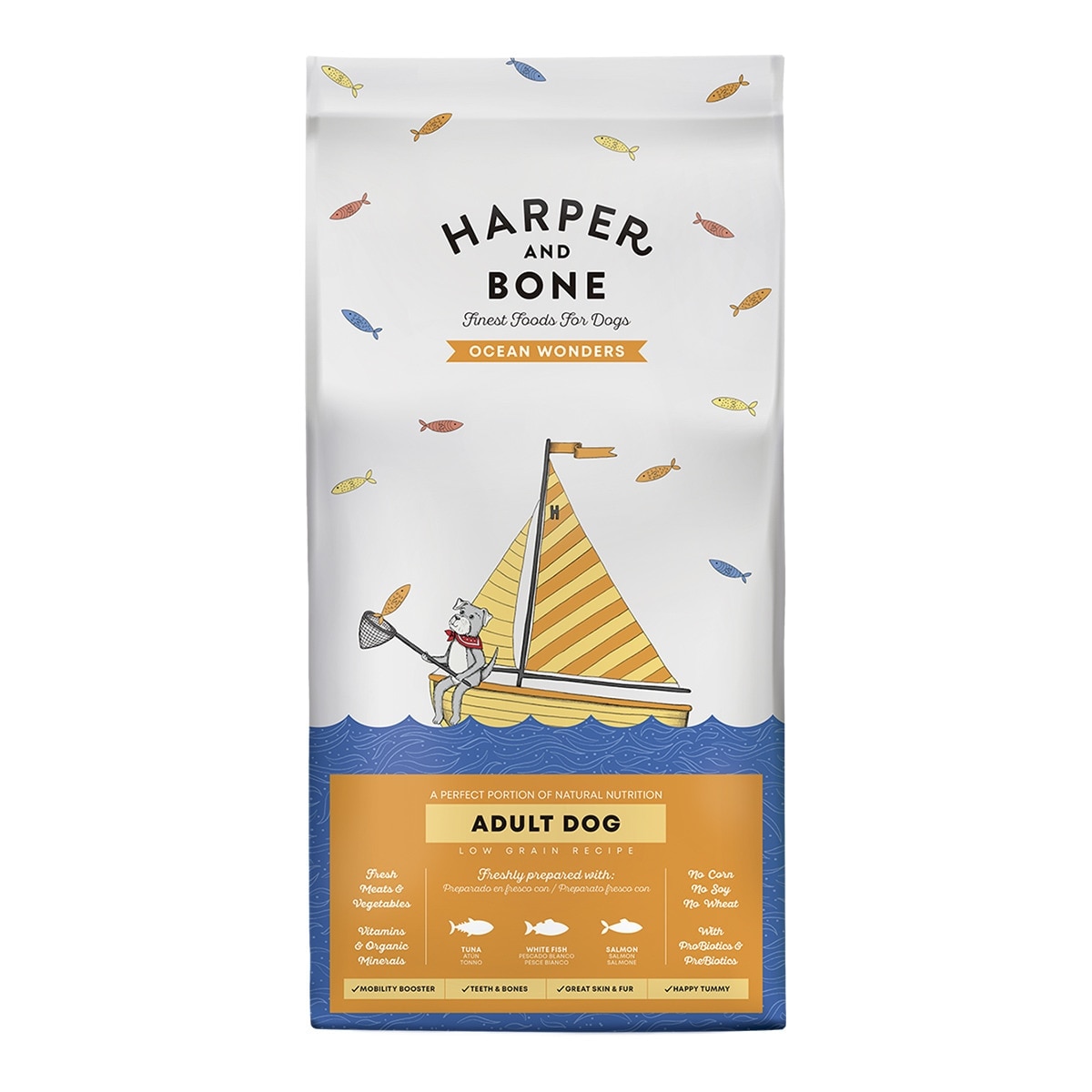 Harper and Bone – Pienso para perros adultos medianos y grandes Harper and Bone maravillas del océano atún, pescado blanco y salmón 3 kg.
