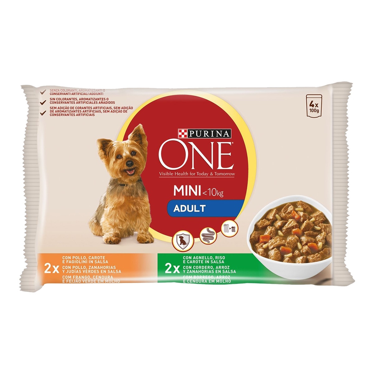 Purina One - Comida húmeda para perros adultos minis Purina One pollo y cordero en salsa 4 x 100 g.