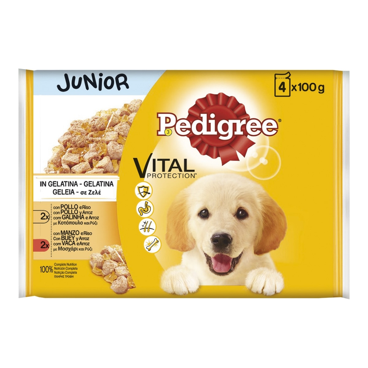 Pedigree - Comida húmeda para perros cachorros Pedigree Vital Protection Junior bolsitas pollo y buey gelatina 4 x 100 g.