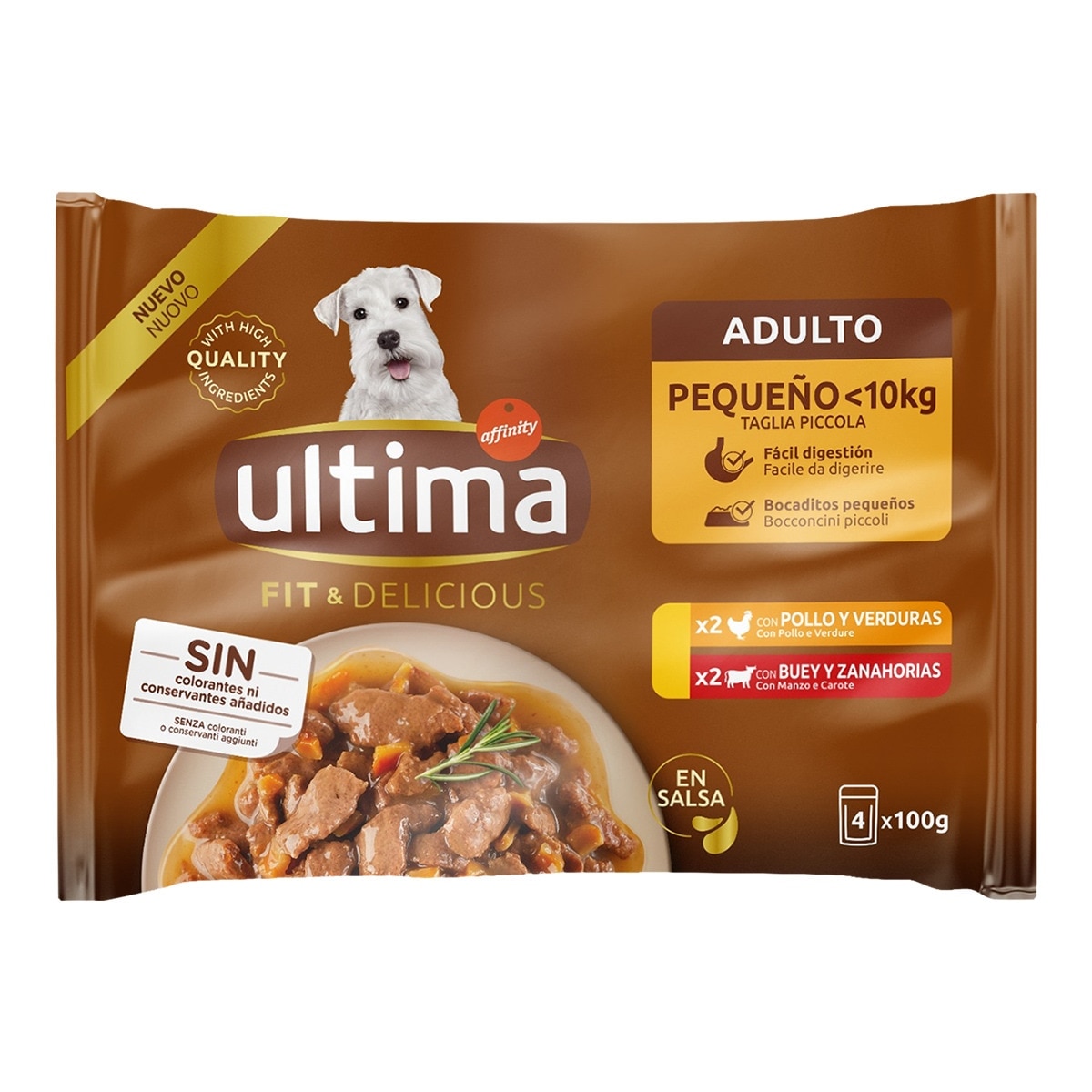Ultima - Comida húmeda para perros adultos pequeños Ultima Fit & Delicious pollo y buey en salsa 4 x 100 g