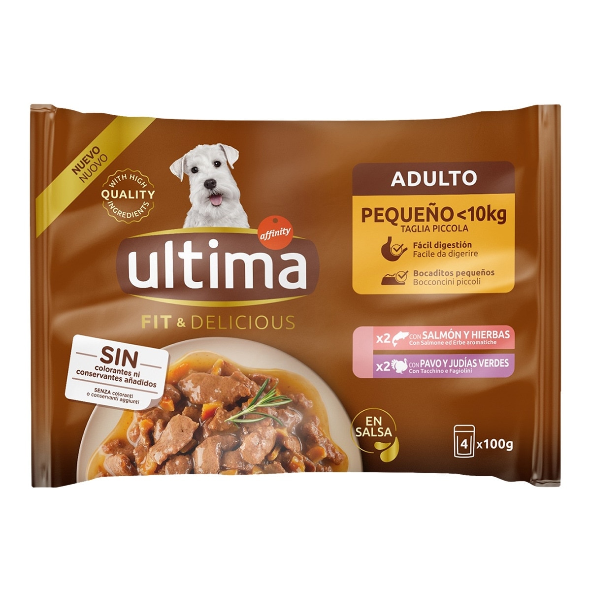Ultima - Comida húmeda para perros adultos pequeños Ultima Fit & Delicious salmón y pavo en salsa 4 x 100 g.