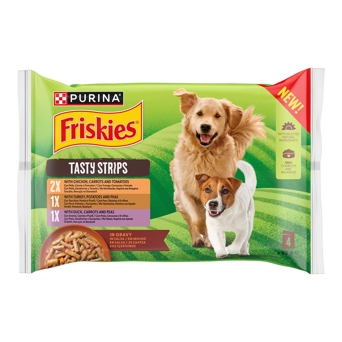 Imagen 1 de Comida húmeda para perros adultos Tasty Strips pollo, pavo y pato en salsa  4 x 85g Friskies