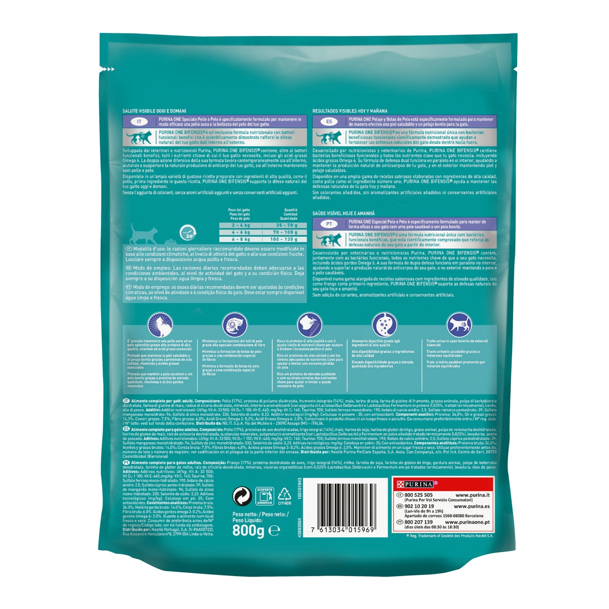 PURINA ONE Coat&Hairball pienso para gatos adultos con pollo y cereales integrales envase 800 g 3