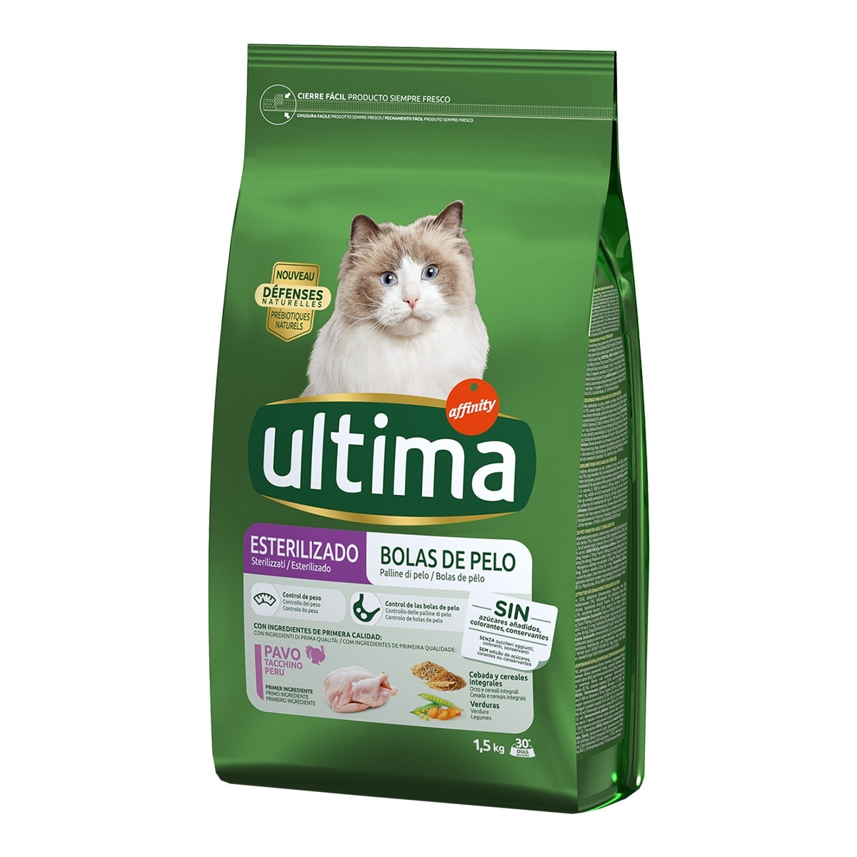 Ultima - Pienso para gatos esterilizados Ultima Bolas de pelo pavo.