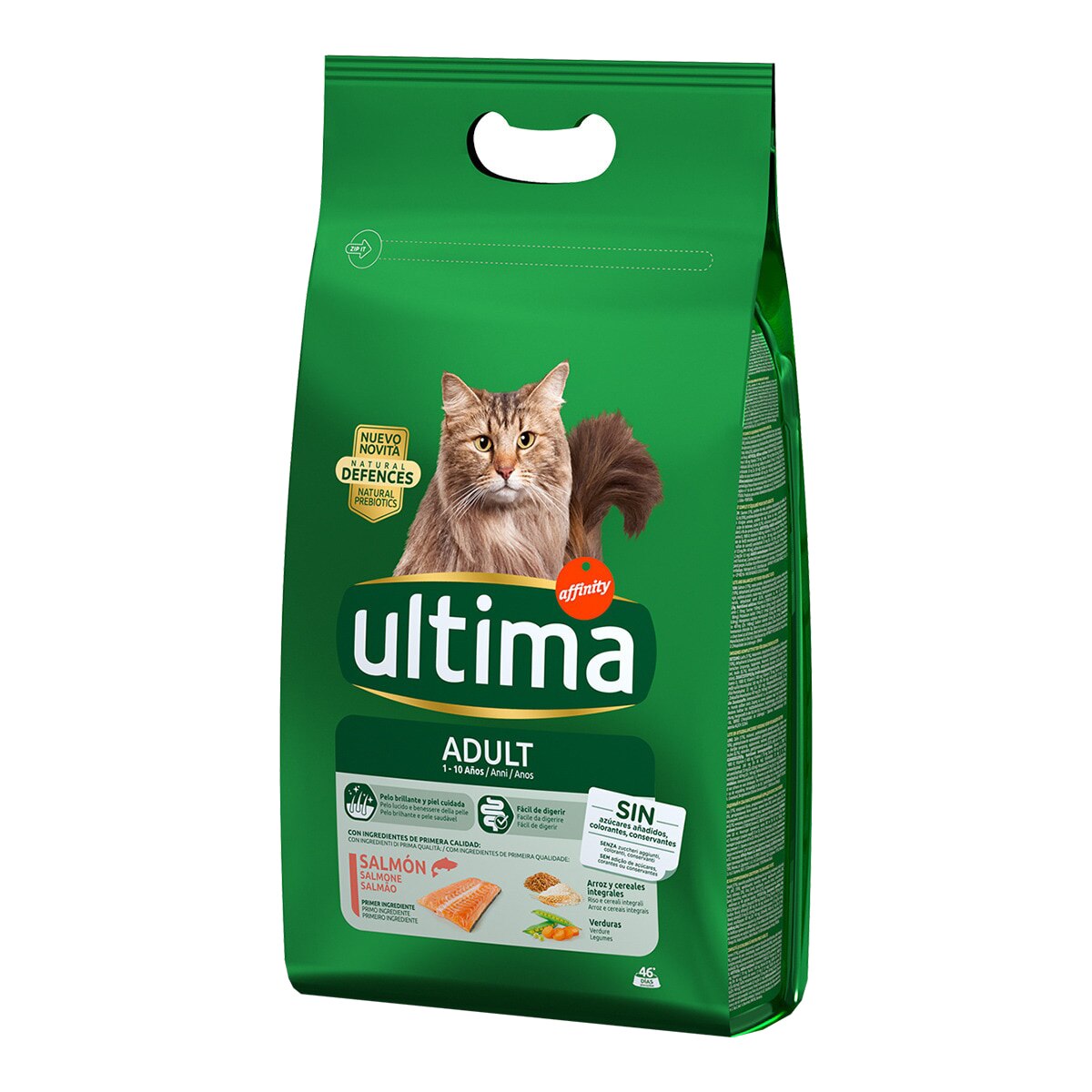 Ultima - Pienso para gatos adultos Ultima salmón, arroz y cereales integrales.