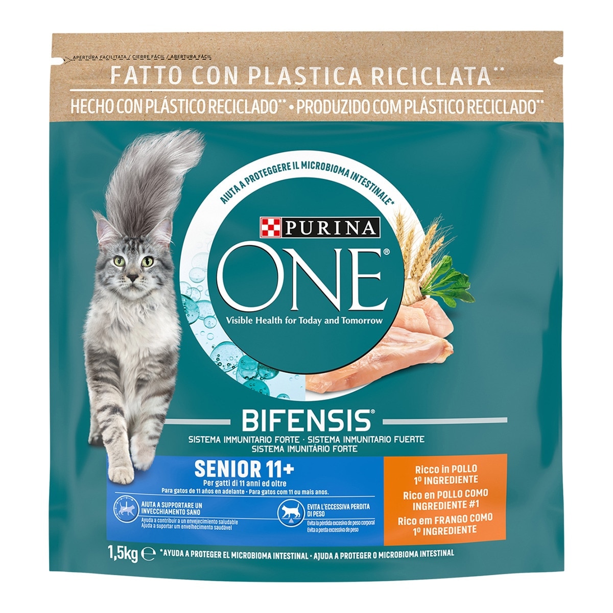 Purina One - Pienso para gatos Senior 11+ Purina One Bifensis pollo y cereales integrales 1,5 kg