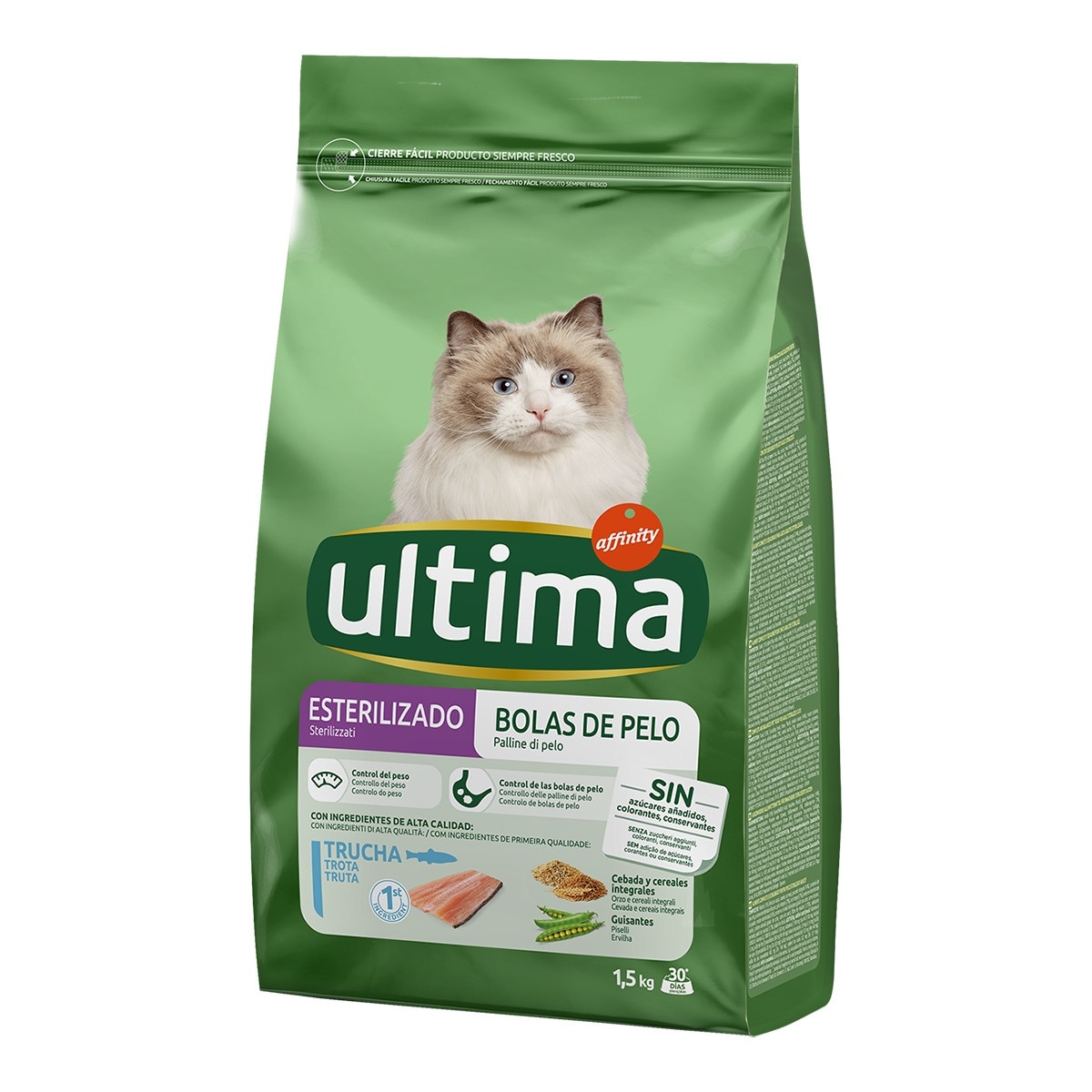 Ultima - Pienso para gatos adultos esterilizados Ultima bolas de pelo trucha 1,5 kg