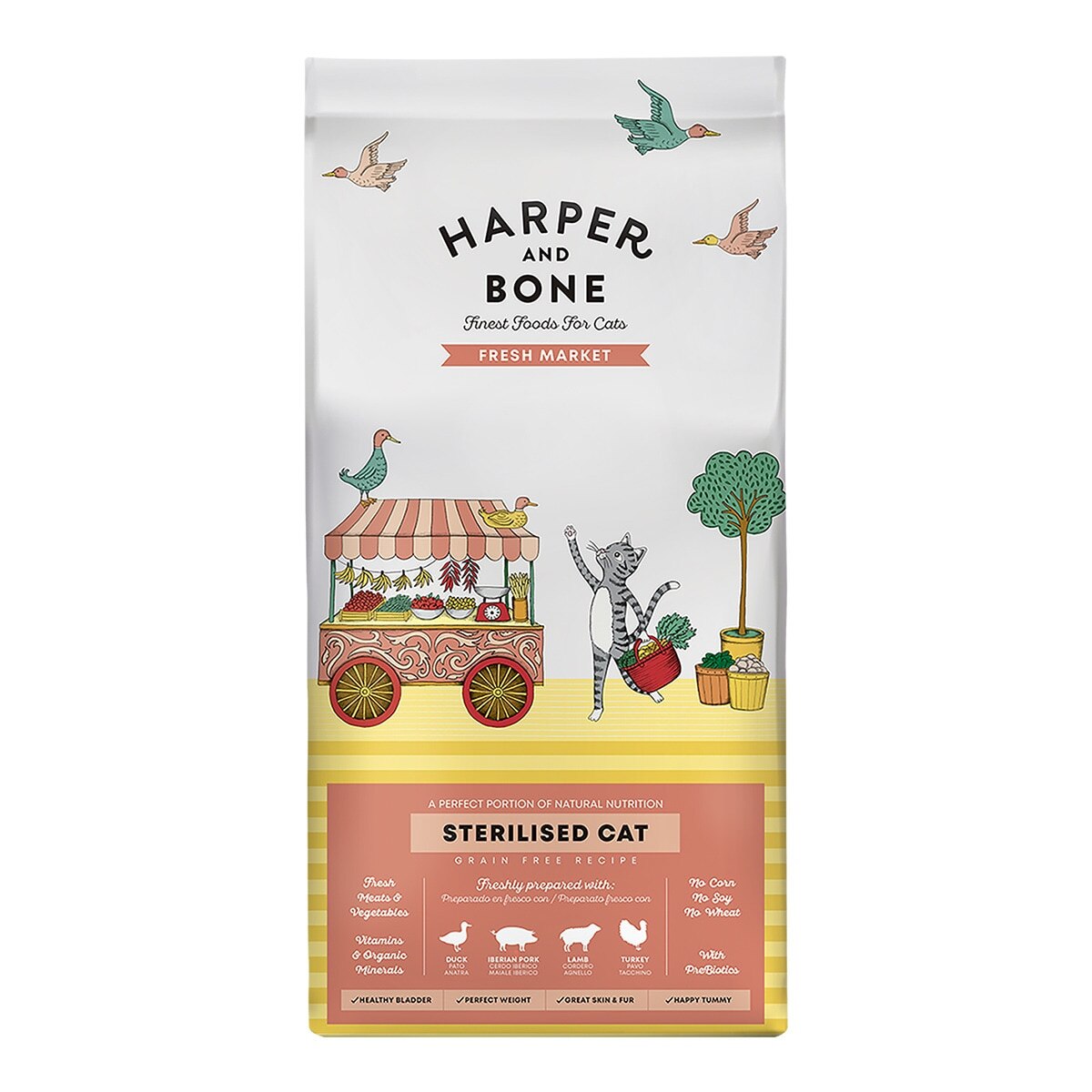 Harper and Bone – Pienso para gatos adultos esterilizados Harper and Bone mercado fresco pato, cerdo ibérico, cordero y pavo. 1,5 Kg