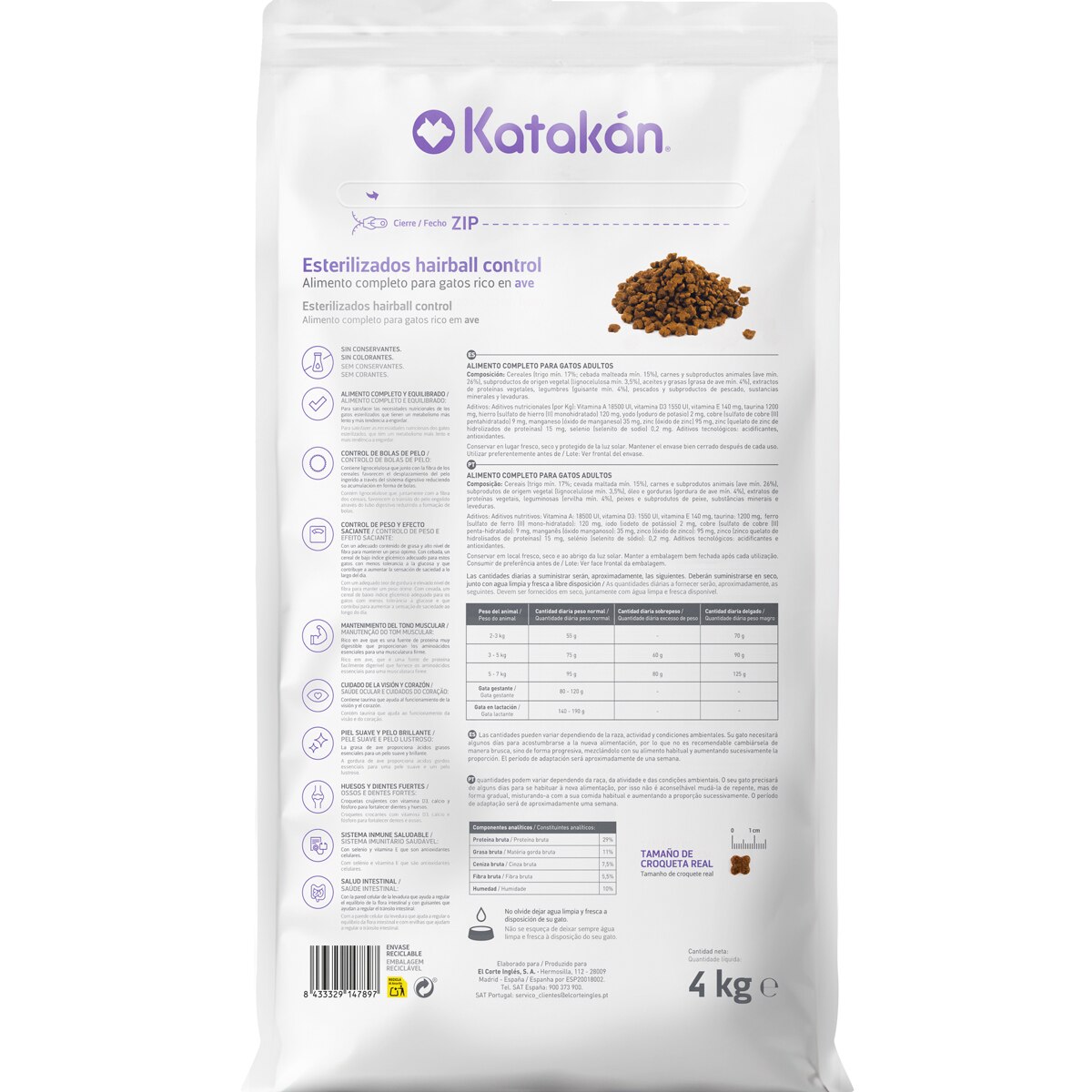 Pienso para gatos adultos esterilizados Katakán hairball control ave 4 kg 2