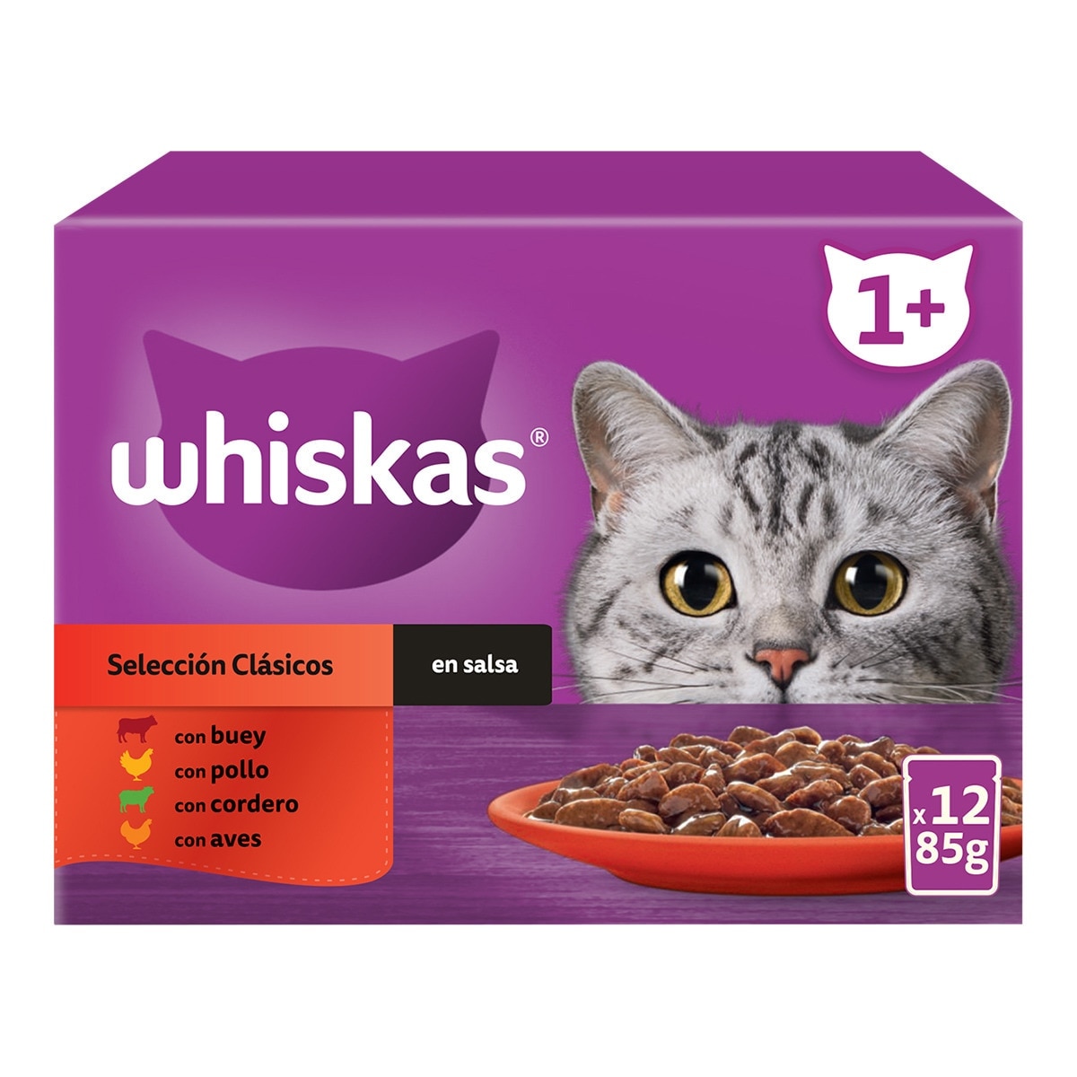 Whiskas - Comida húmeda para gatos adultos + 1 año Whiskas Selección Clásica carne 12 x 85 g