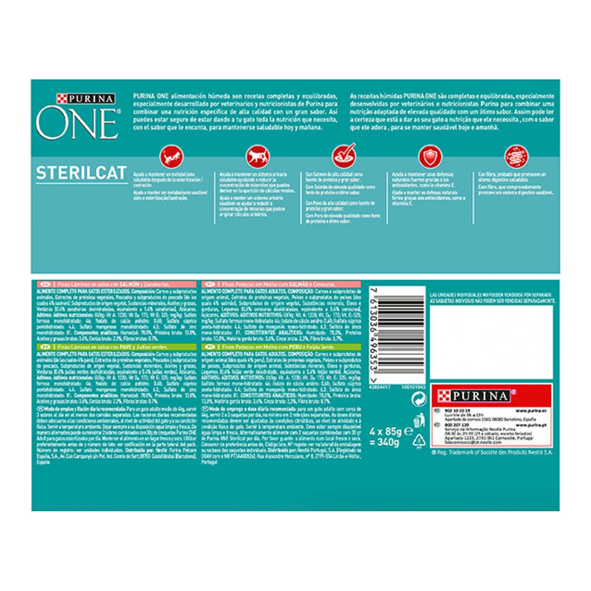 Comida húmeda para gatos adultos Purina One Esterilizados salmón 4 x 85 g 3