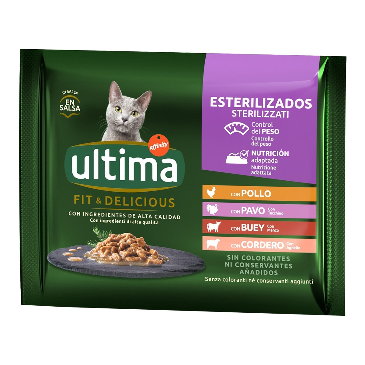 Ultima - Comida húmeda para gatos adultos esterilizados Ultima Fit & Delicious pollo, pavo, buey y cordero 4…