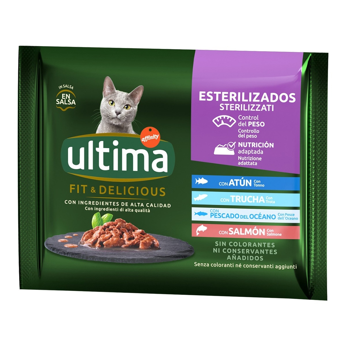 Ultima - Comida húmeda para gatos adultos esterilizados Ultima Fit & Delicious atún, trucha, pescado…
