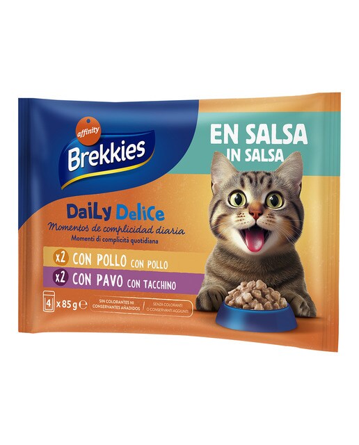 Brekkies - Comida húmeda para gatos adultos Daily Delice Brekkies pollo y pavo en salsa 4 x 85 g.