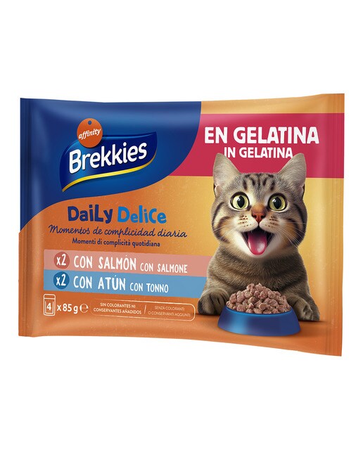 Brekkies - Comida húmeda para gatos adultos Daily Delice Brekkies salmón y atún en gelatina 4 x 85 g.