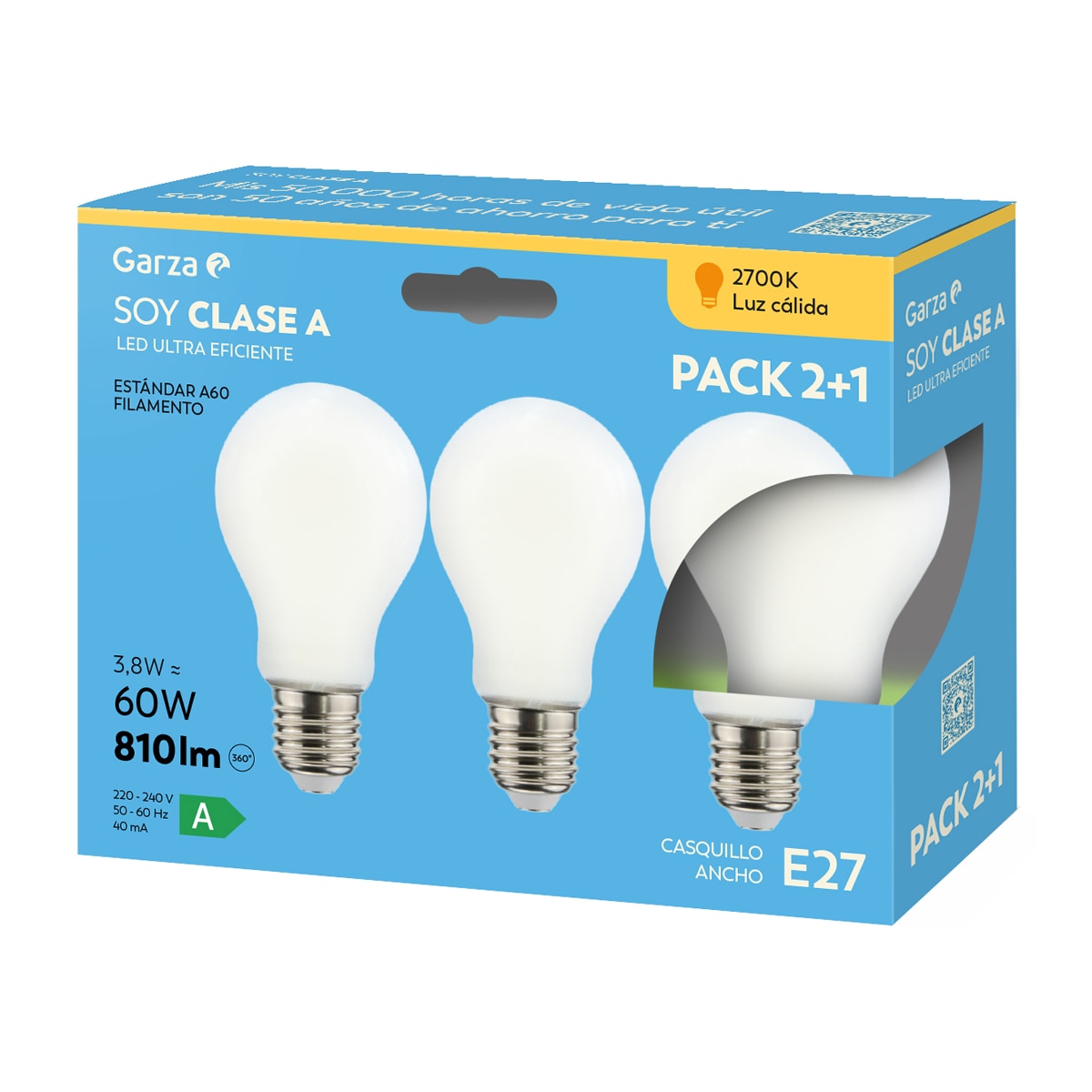 Imagen 0 de Bombilla LED Clase energética A, 3,8W E27 810LM 27K CJ 2+1