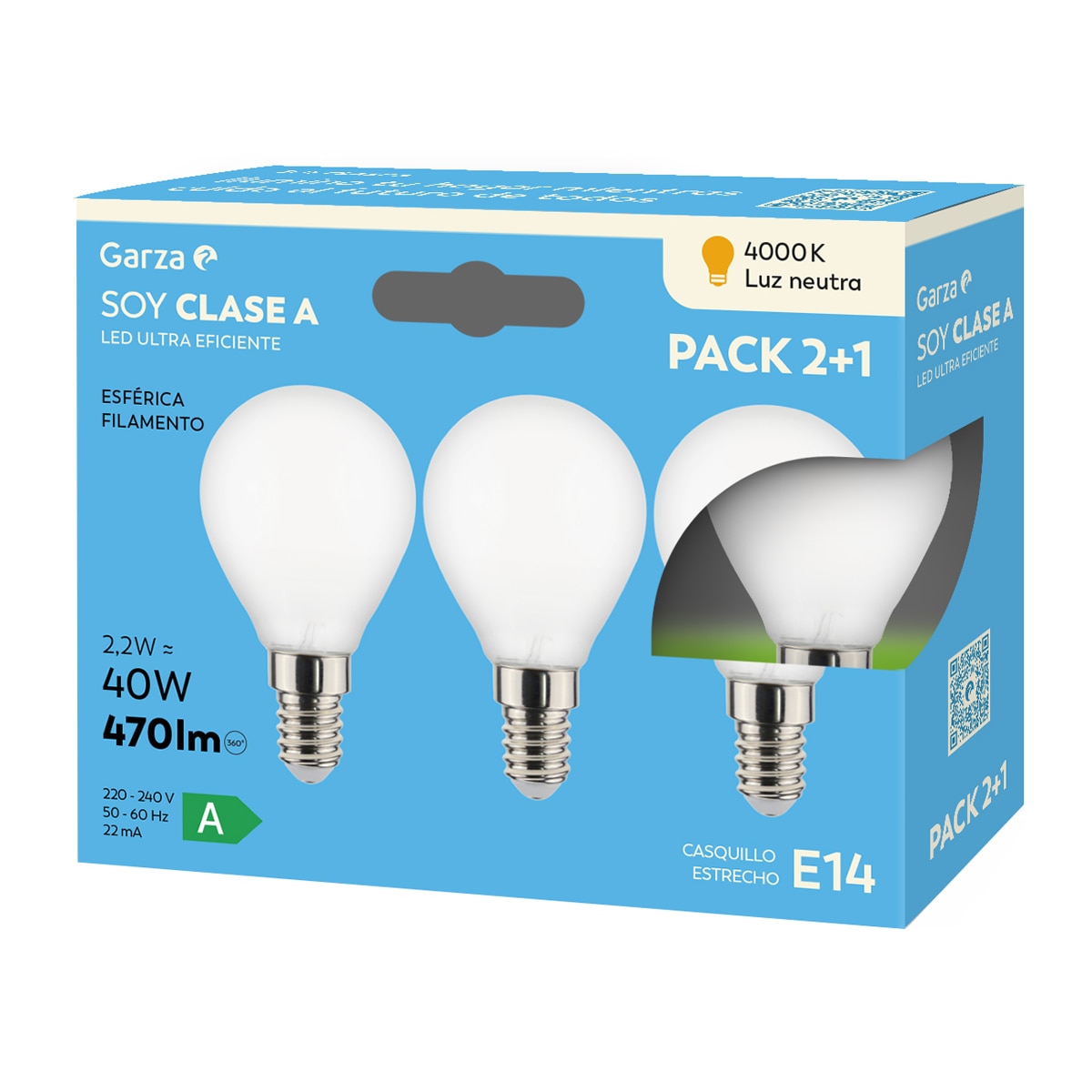 Imagen 0 de Bombilla LED Clase energética A, 2,2W E14 470LM 40K CJ 2+1