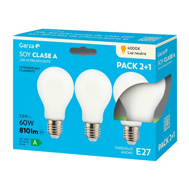 Imagen 0 de Bombilla LED Clase energética A, 3,8W E27 810LM 40K CJ 2+1