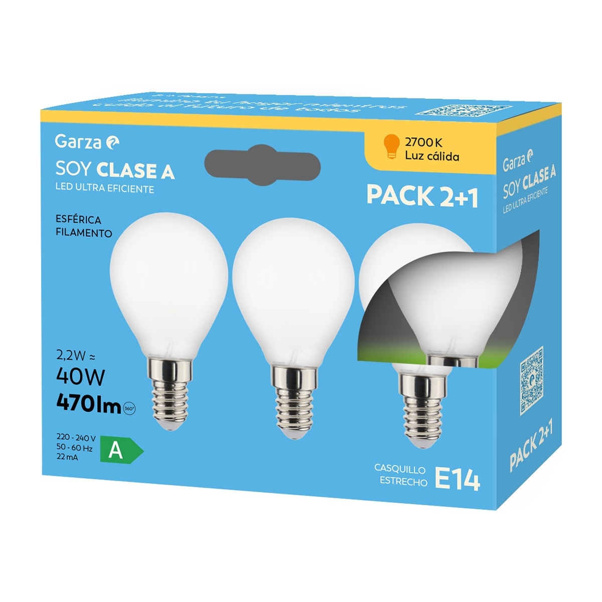 Imagen 0 de Bombilla LED Clase energética A, 2,2W E14 470LM 27K CJ 2+1