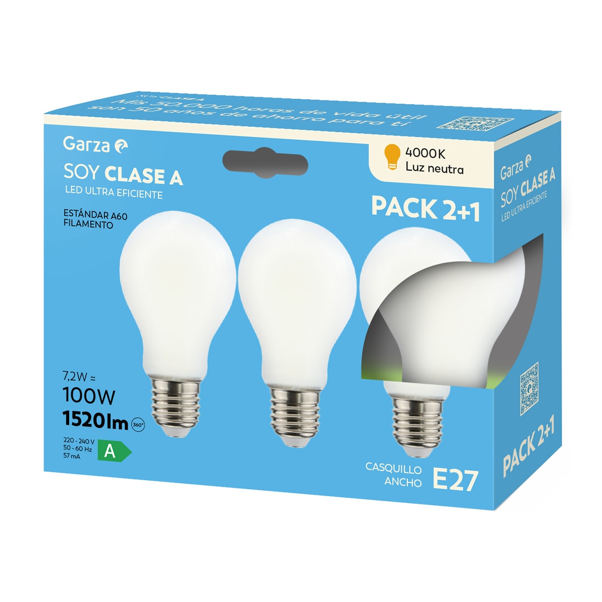 Imagen 0 de Bombilla LED Clase energética A, 7,2W E27 1520LM 40K CJ 2+1