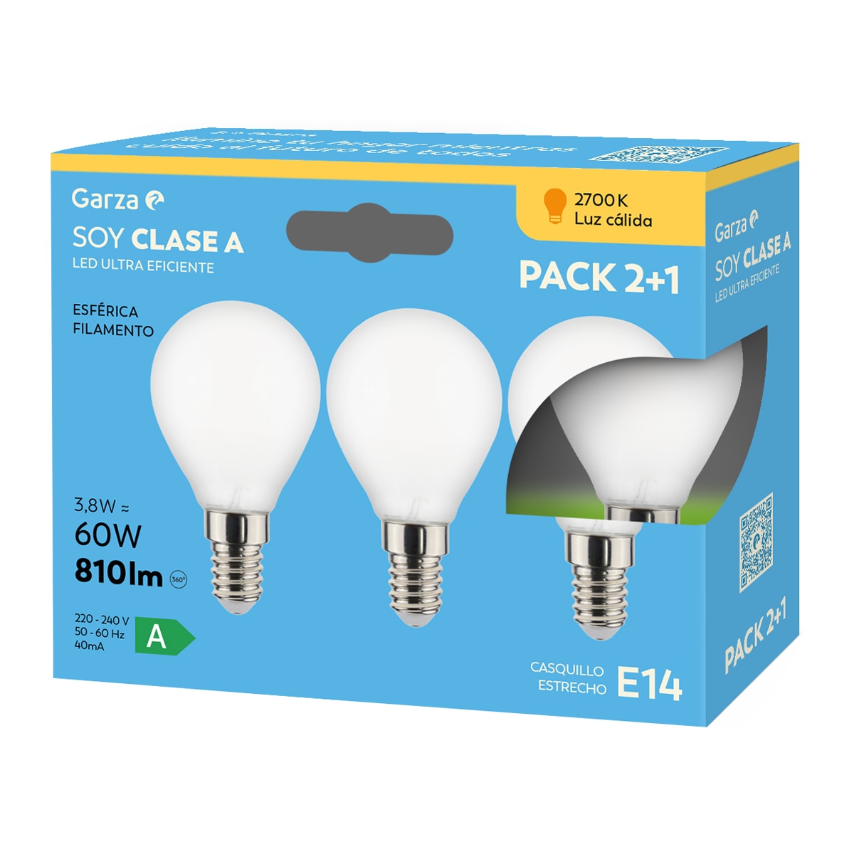 Imagen 0 de Bombilla LED Clase energética A, 3,8W E14 810LM 27K CJ 2+1