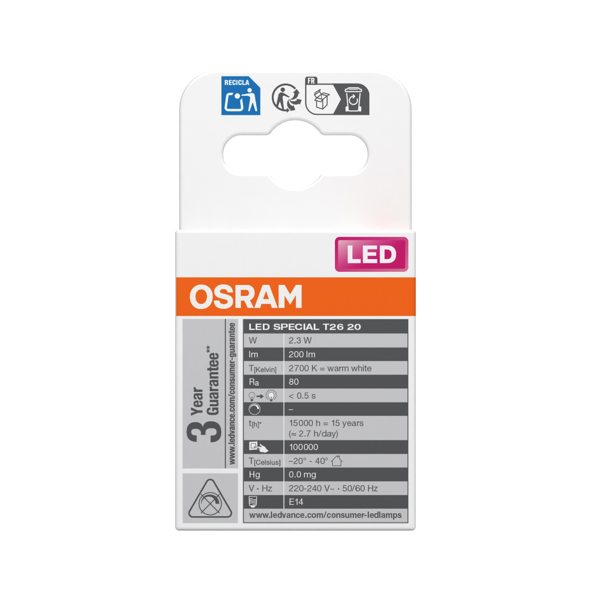 Bombilla LED Especial E14 2.3W Luz Cálida Osram Blanco-3